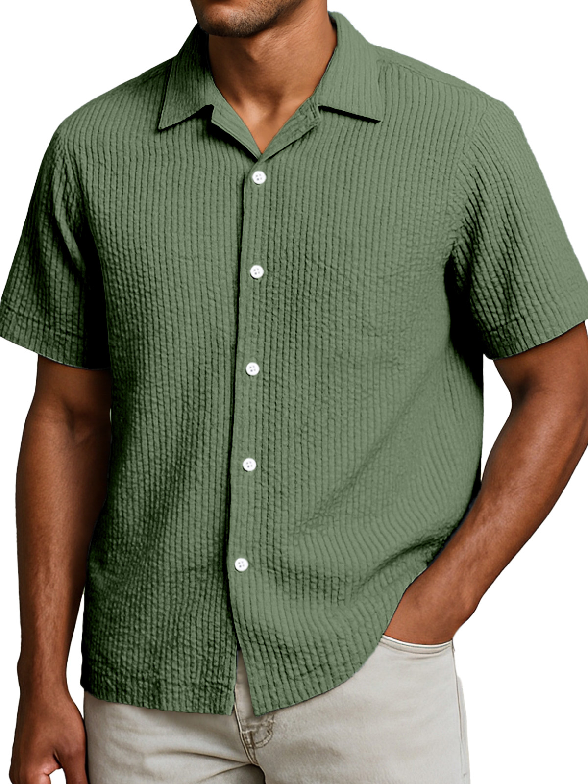 Men's Casual Solid Color Breathable Seersucker Button Short Sleeve Shirt