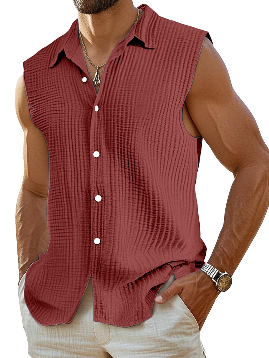 Men's Casual Pleated Texture Solid Color Sleeveless Shirt