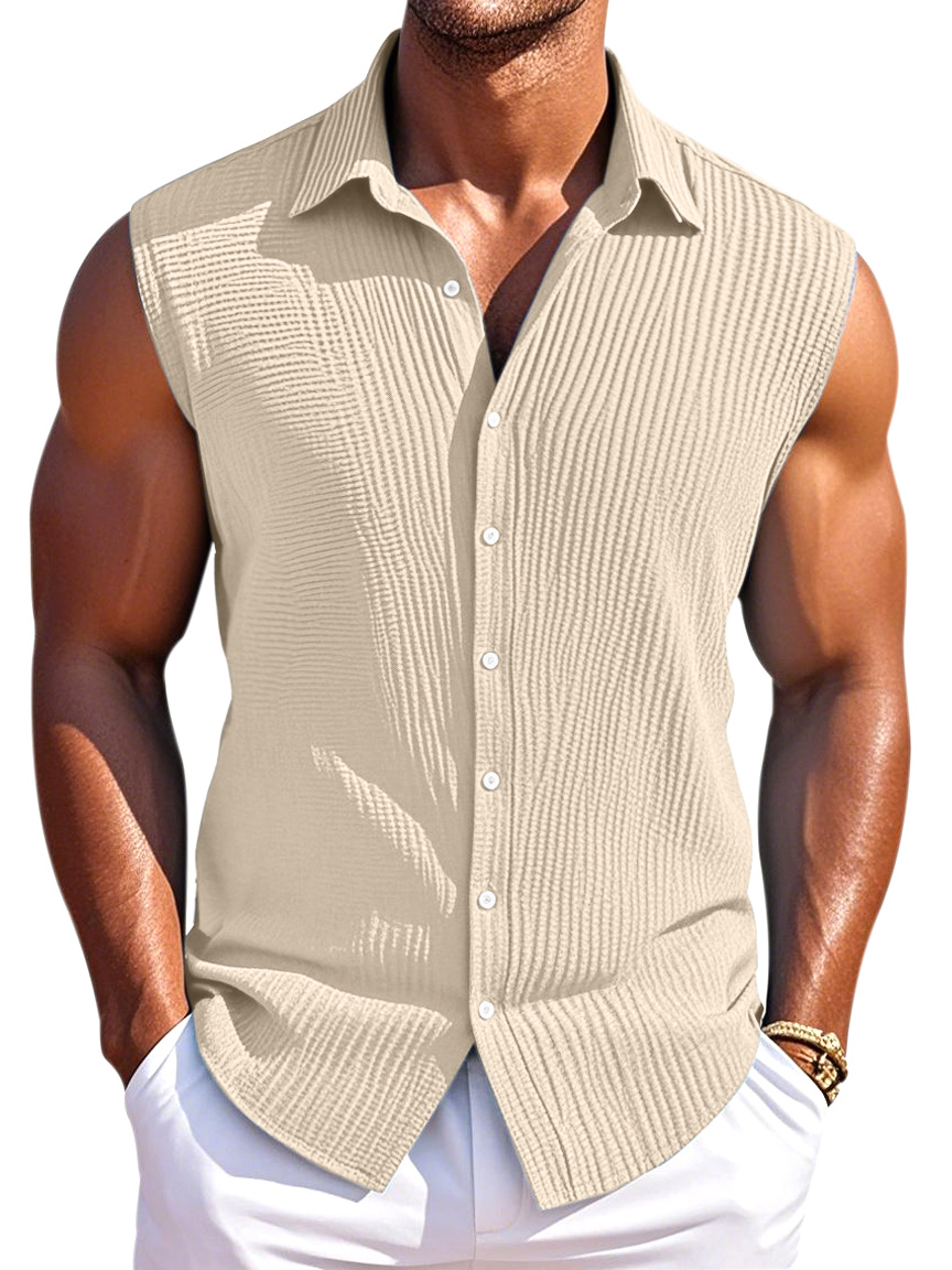Men's Summer Simple Pleated Texture Daily Lapel Button Sleeveless Shirt