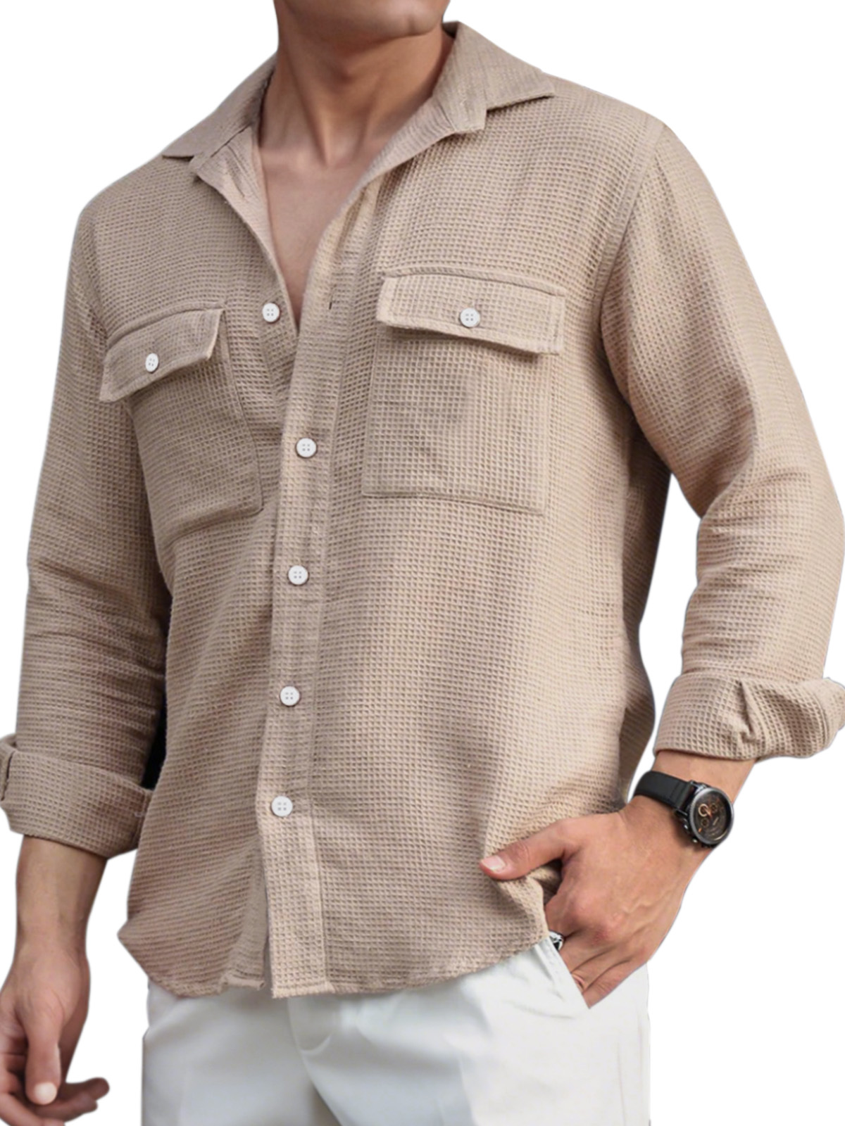 Men's Everyday Casual Solid Color Double Pocket Waffle Lapel Long Sleeve Shirt