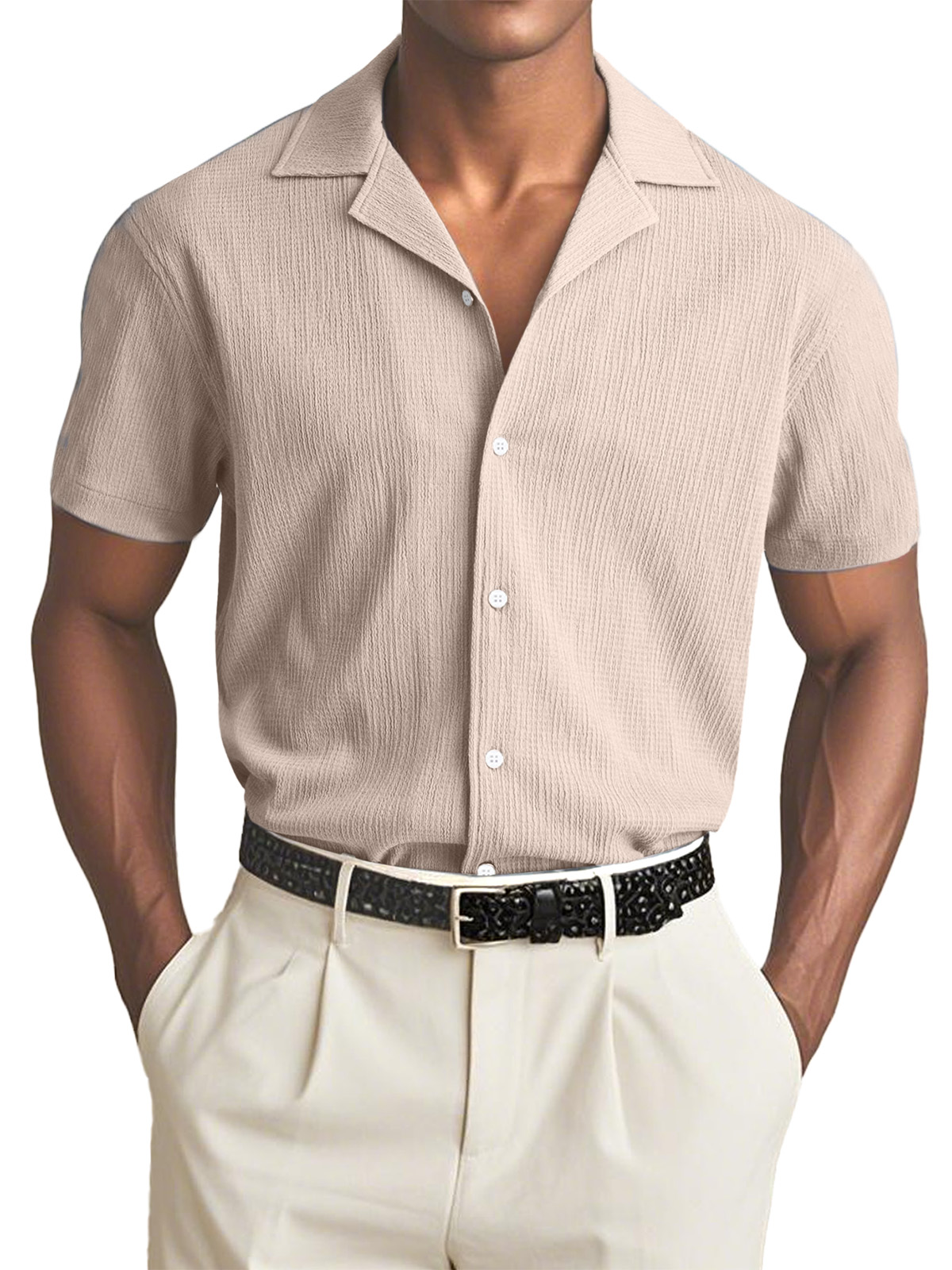 Men's Simple Solid Color Textured Cuban Collar Short-sleeved Shirt
