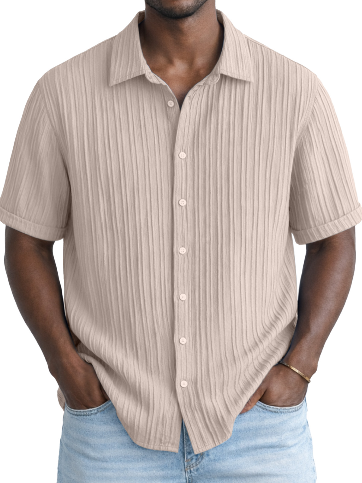 Men's Solid Color Breathable Vertical Stripe Simple Short-Sleeve Shirt
