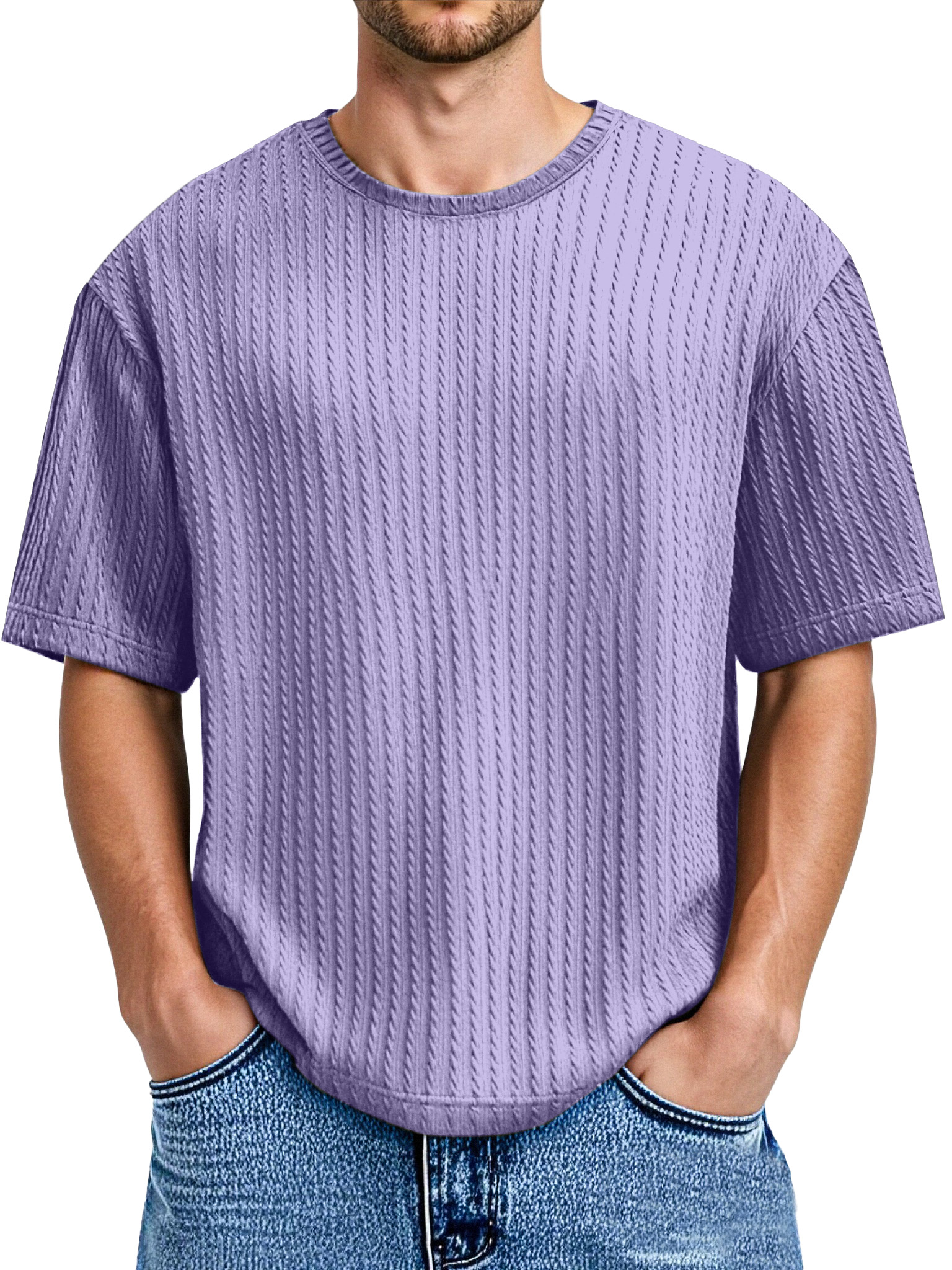 Men's Daily Solid Color Twist Texture Short-sleeved Round Neck T-shirt