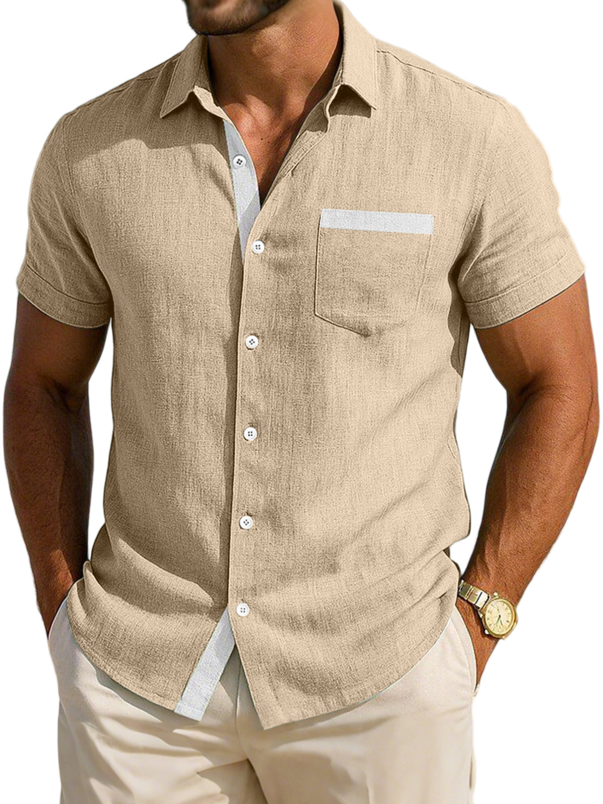 Men's Simple Daily Casual Breathable Contrast Button Short-sleeved Shirt
