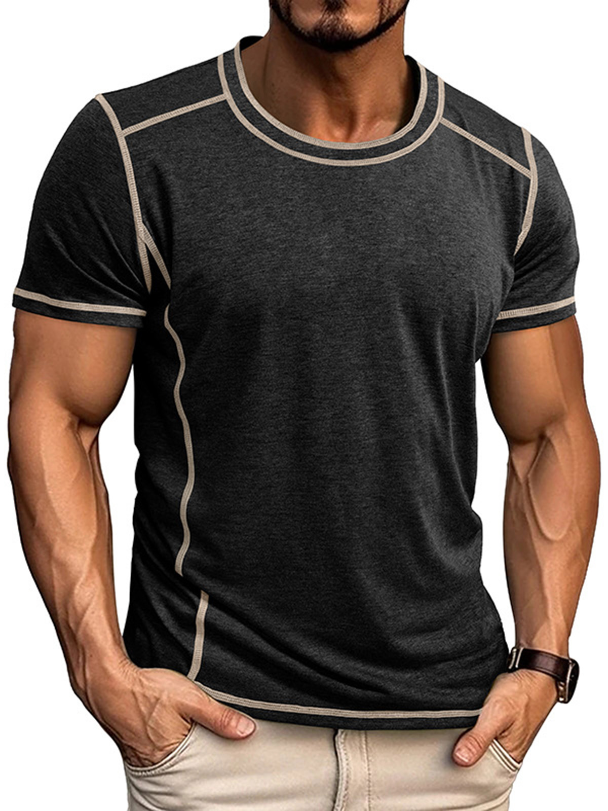 Men's Basic Casual Solid Color Stitching Design Round Neck Short-sleeved T-shirt