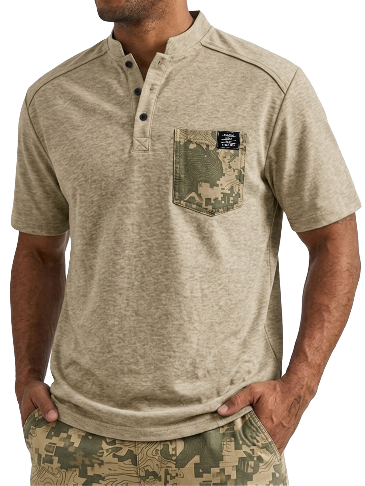 Camouflage-Print Pocket Casual Versatile Henley Shirt