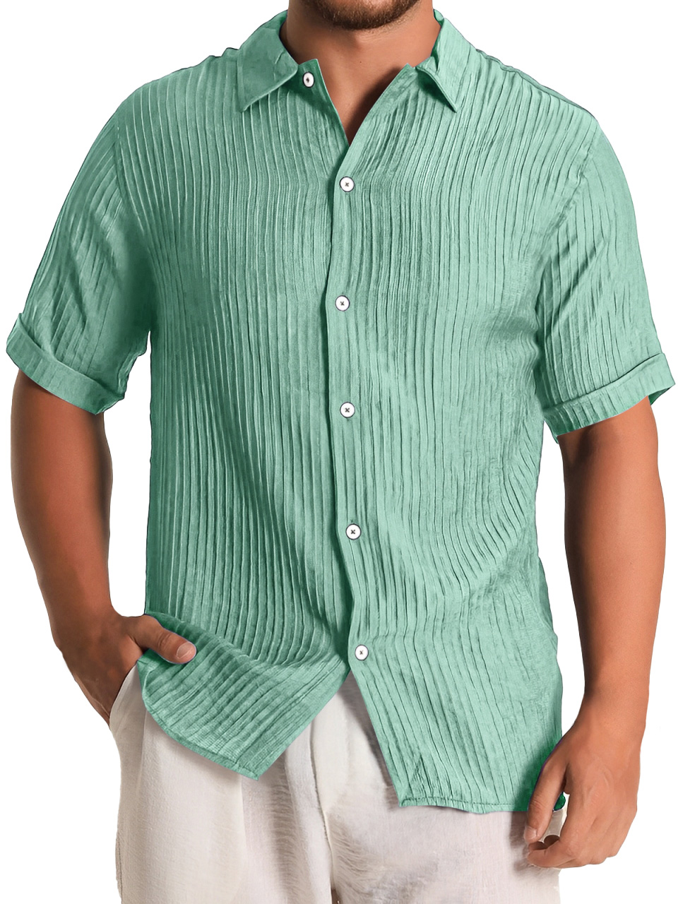 Men's Fashion Daily Pleated Casual Solid Color Short Sleeve Shirt
