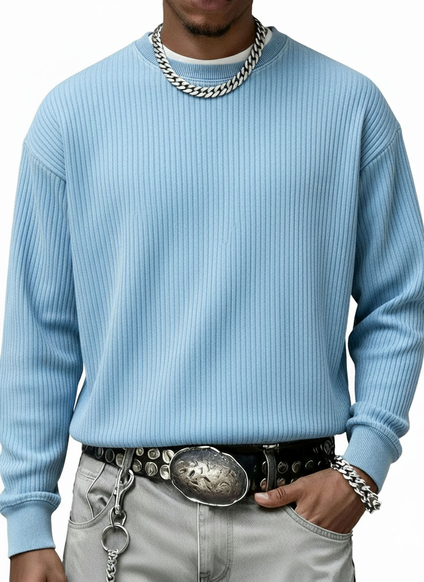 Men's Stylish Casual Vintage Crewneck Ribbed Fabric Long-sleeved Base T-shirt