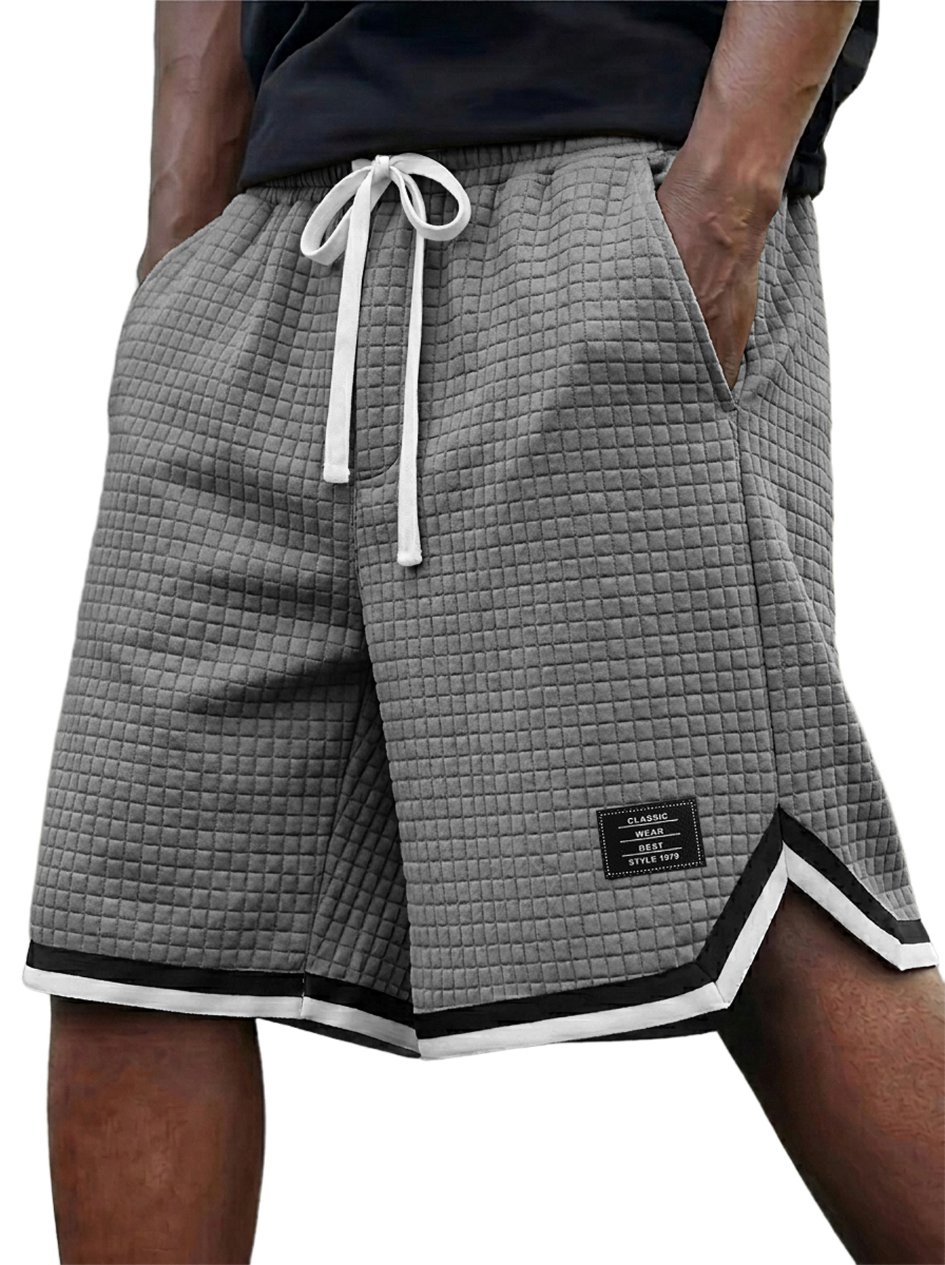 Men's Waffle Weave Ribbon Embroidered Logo Casual Shorts