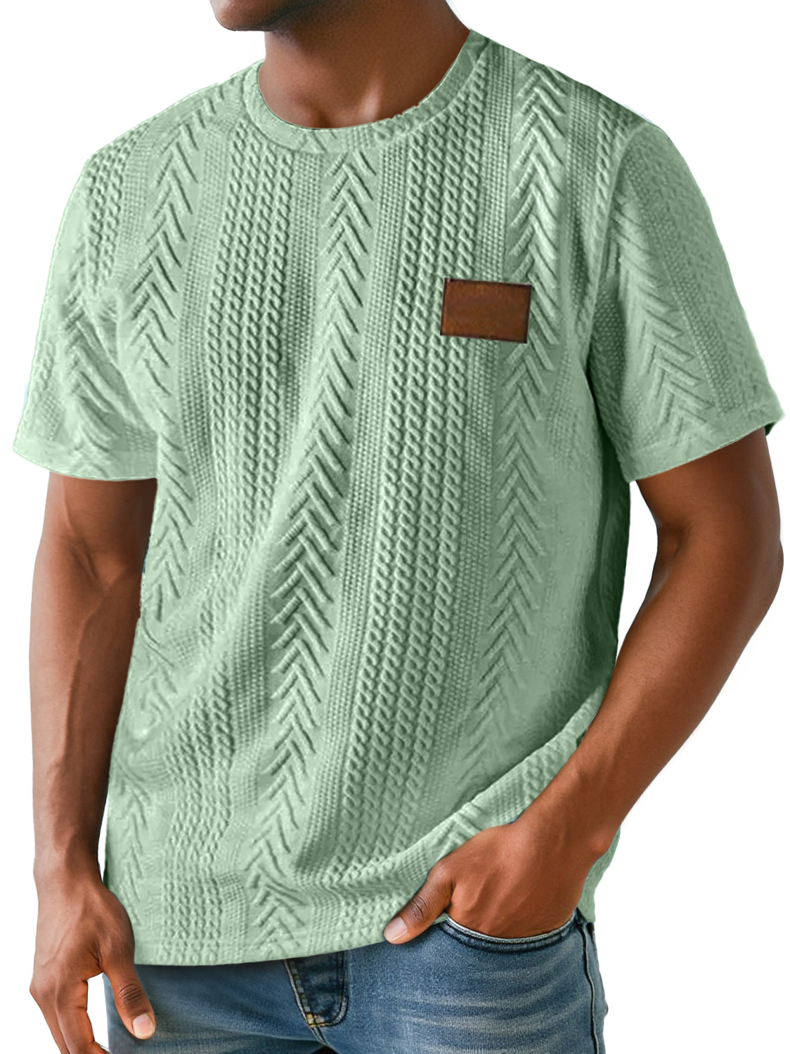 Men's Daily Round Neck Simple Texture Embroidered Label Casual Solid Color Short-sleeved T-shirt