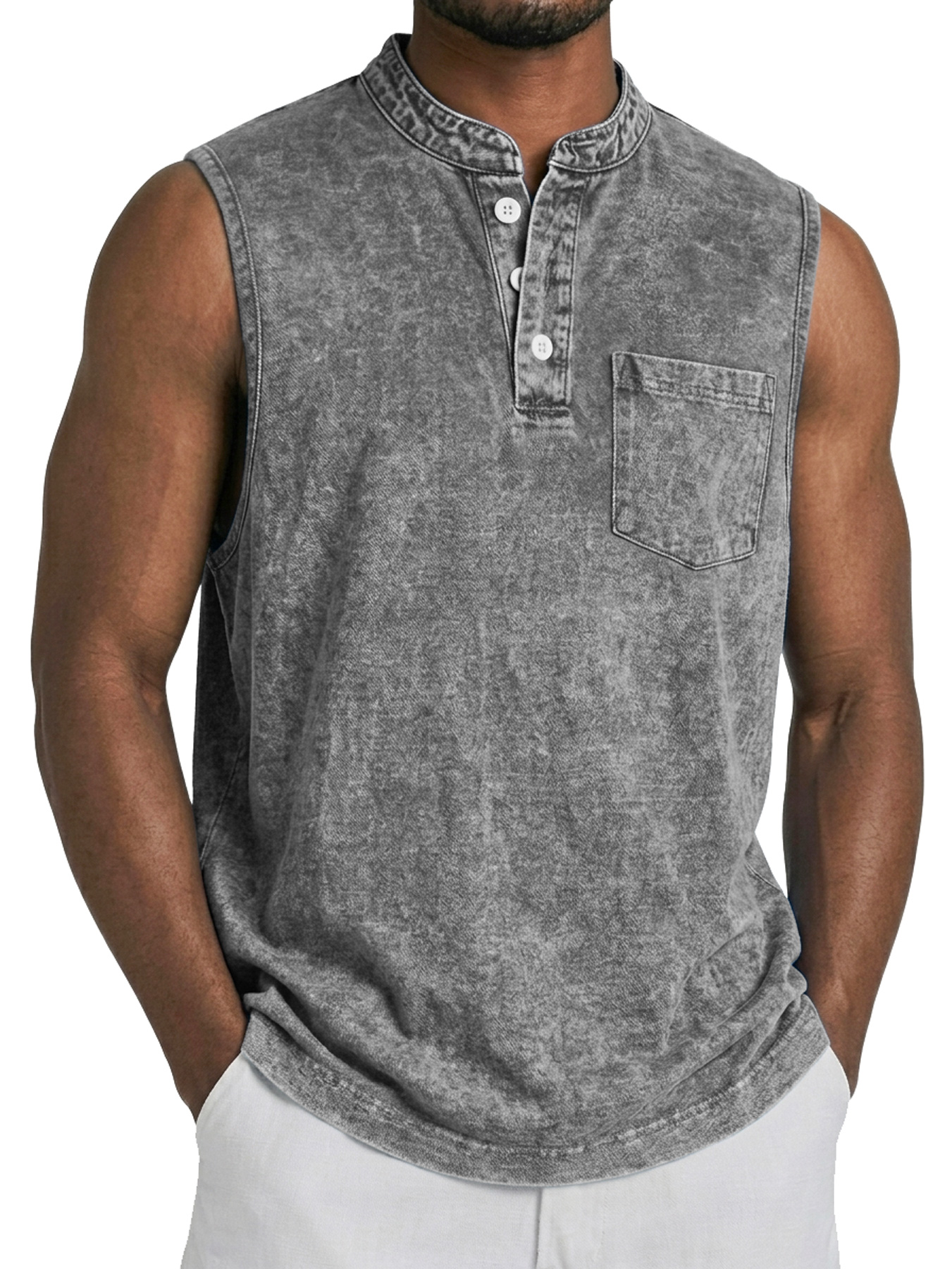 Men's Retro Stand Collar Button Casual Pocket Sleeveless Vest