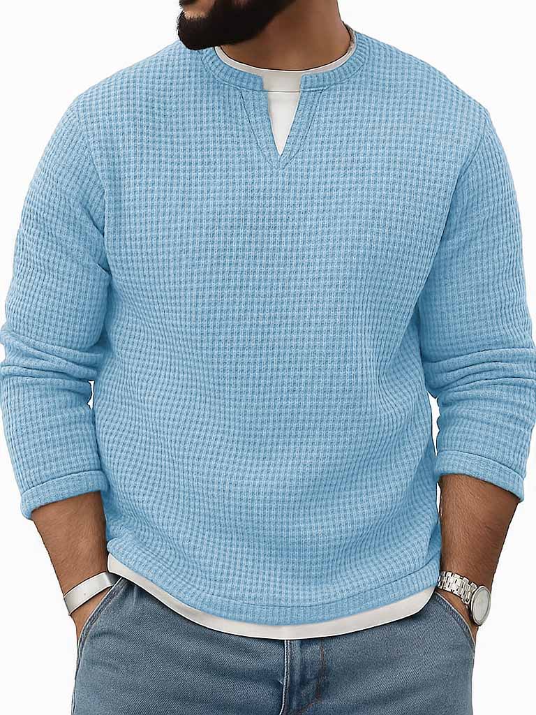 Men's Stylish Vintage Waffle Fabric V-neck Simulated Two-piece Loose-fitting Long-sleeved T-shirt