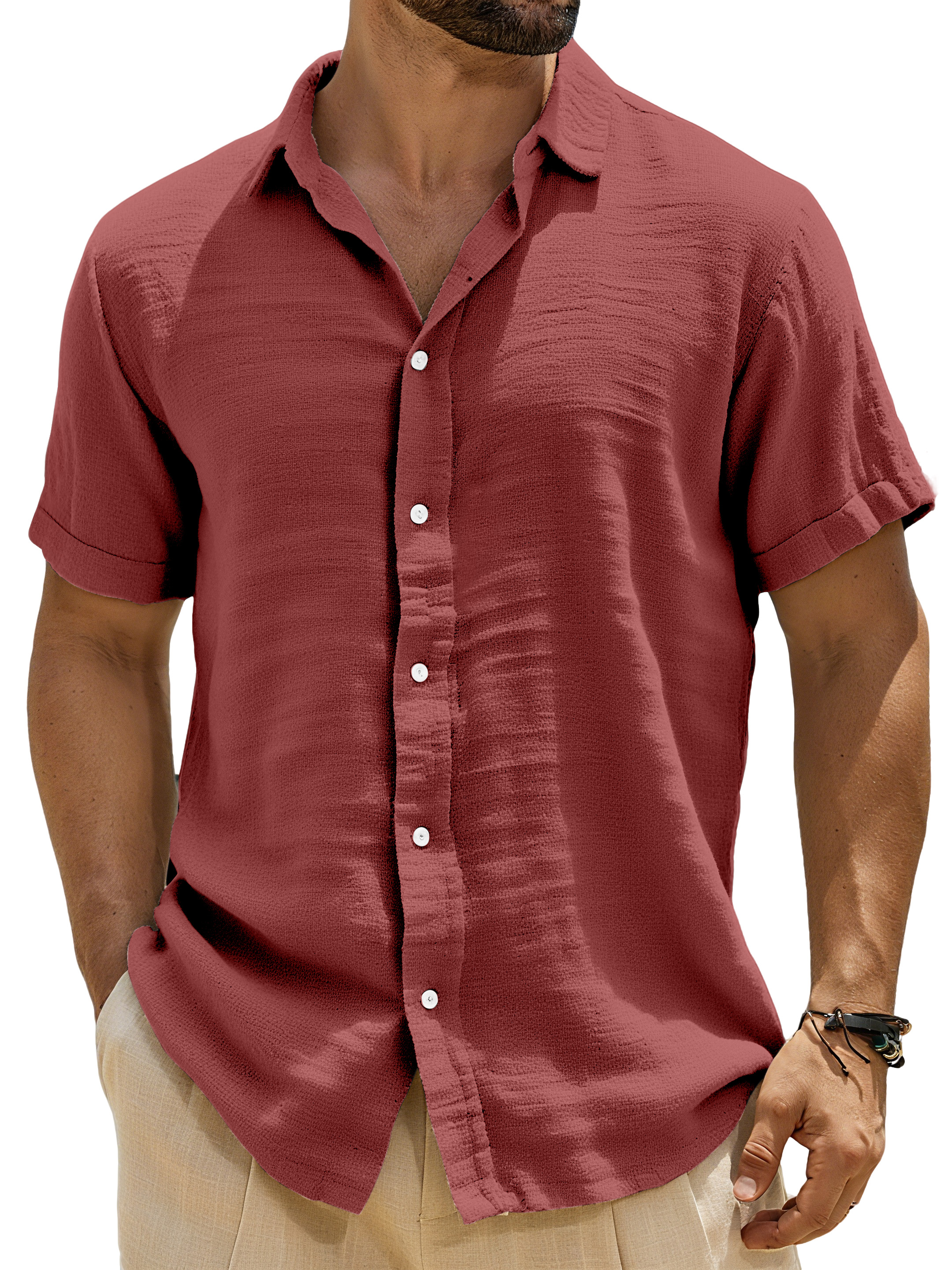 Men's Casual Solid Color Breathable Imitation Linen Button Short-sleeved Shirt