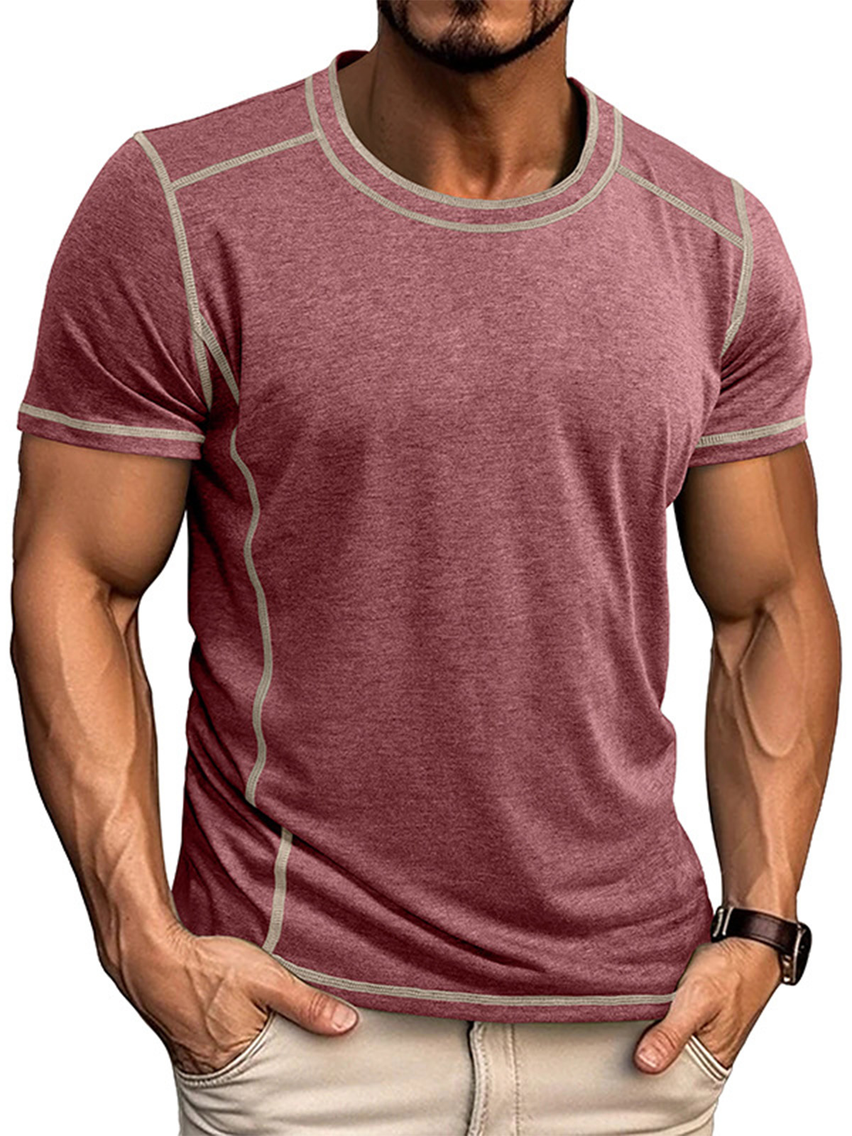 Men's Basic Casual Solid Color Stitching Design Round Neck Short-sleeved T-shirt