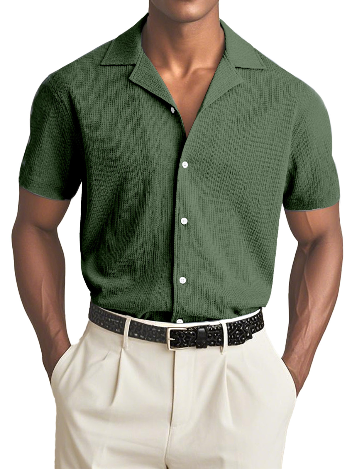 Men's Simple Solid Color Textured Cuban Collar Short-sleeved Shirt