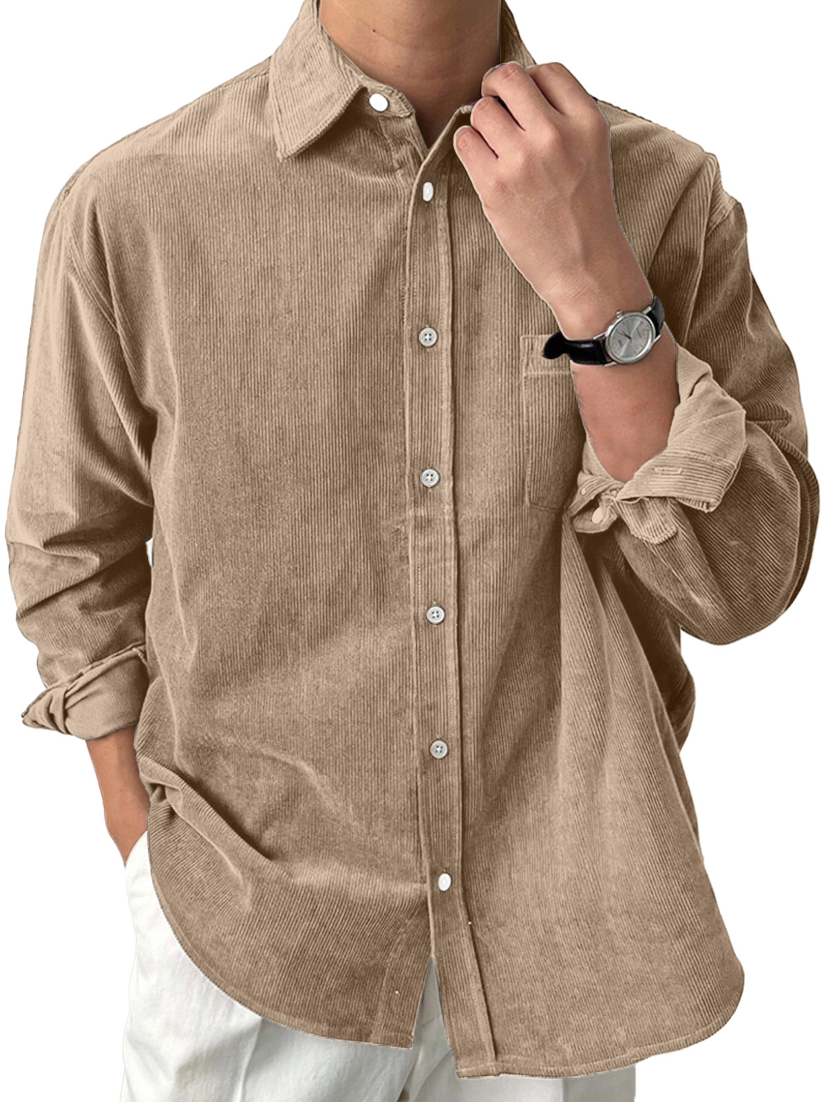 Men's Casual Solid Color Corduroy Loose Lapel Long Sleeve Shirt