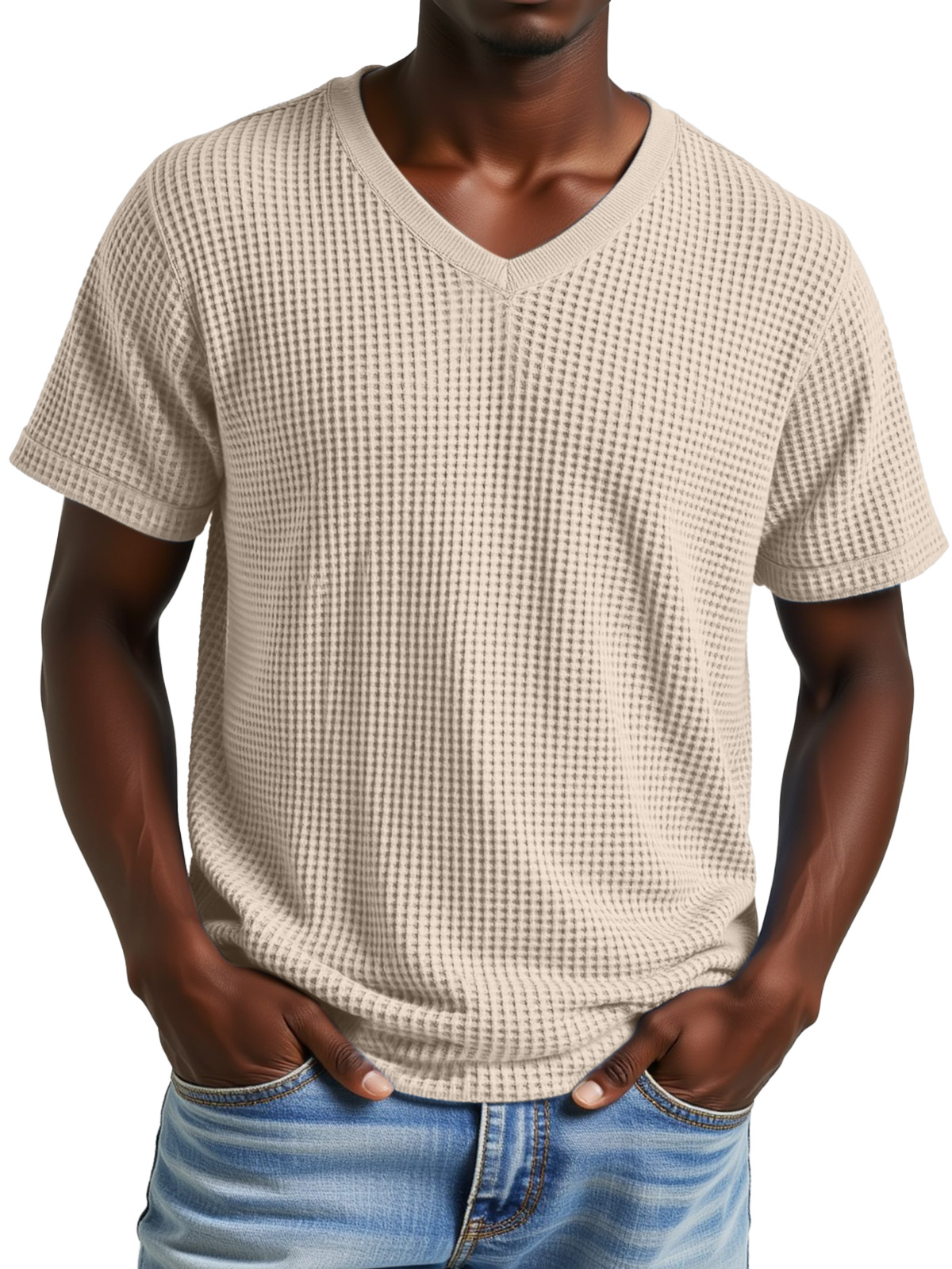 Men's Simple Casual Waffle V-neck Short Sleeve T-shirt