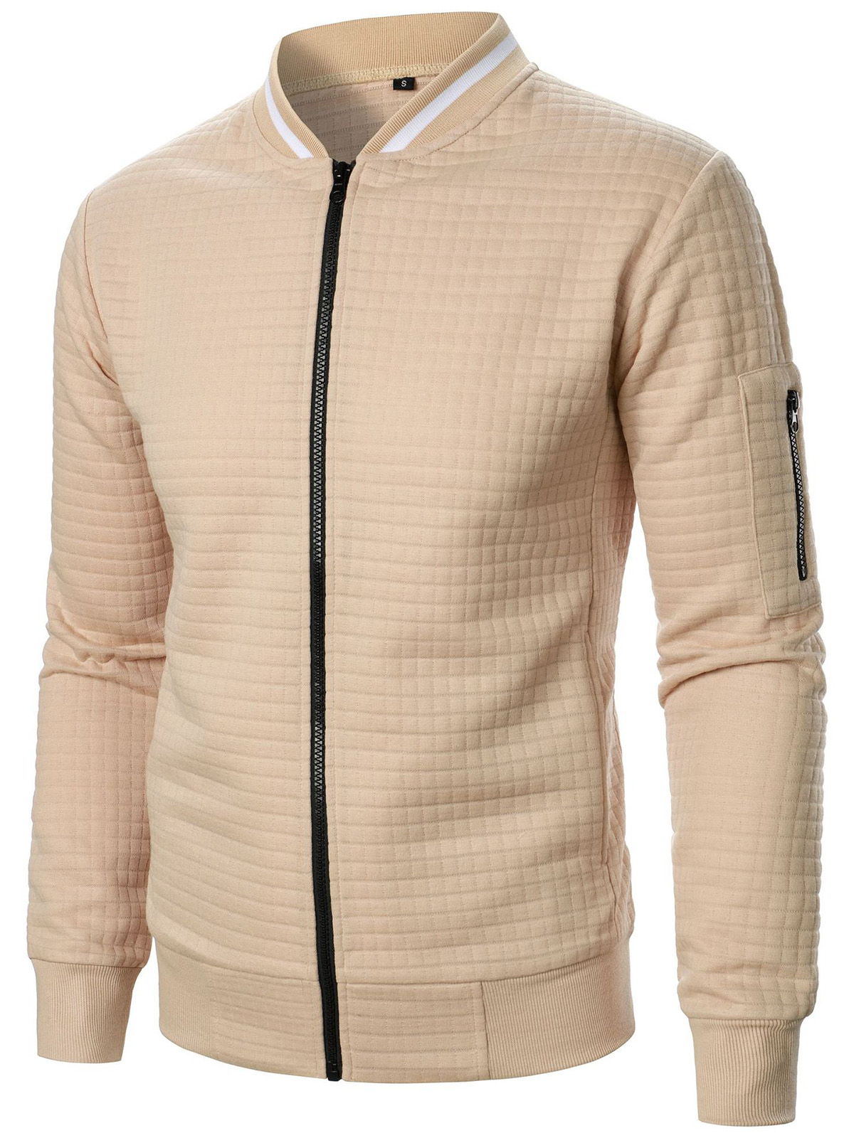Men's Plaid Texture Solid Color Zipper Stand Collar Sweatshirt Jacket