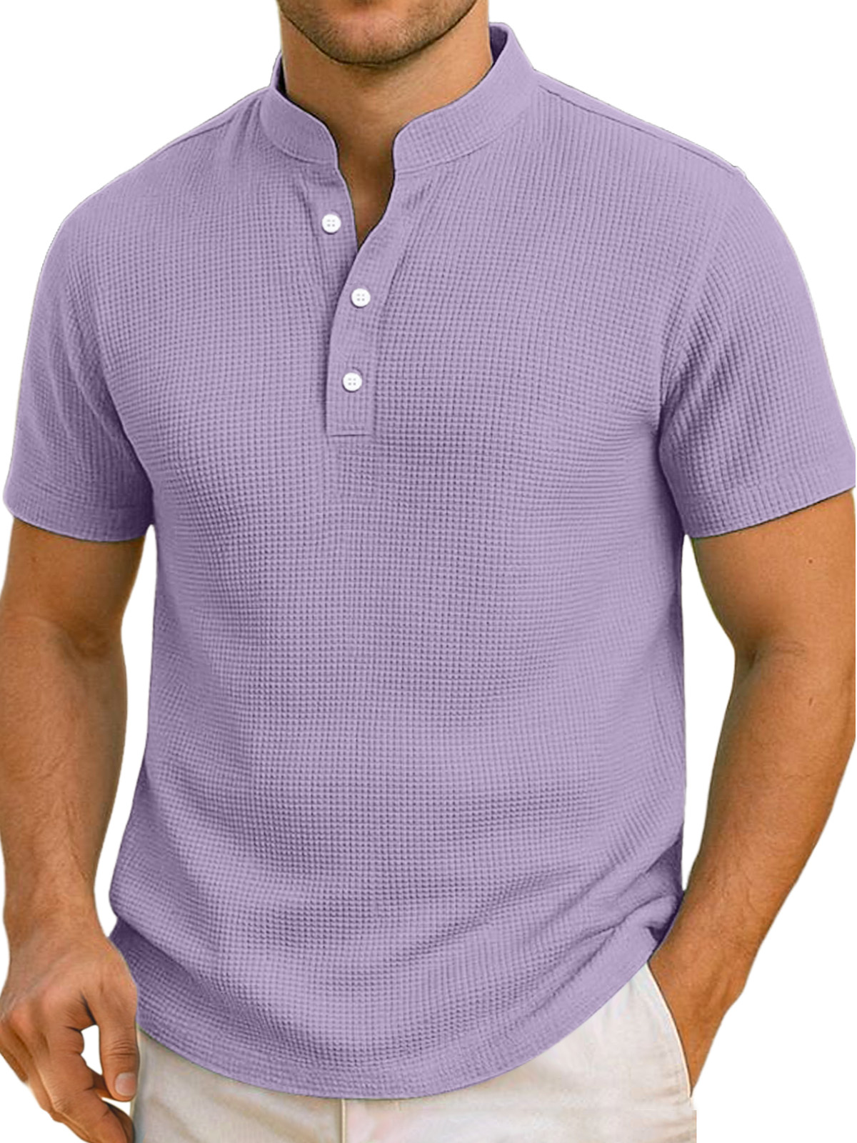 Men's Daily Simple And Comfortable Solid Color Waffle Short-sleeved Henley Shirt