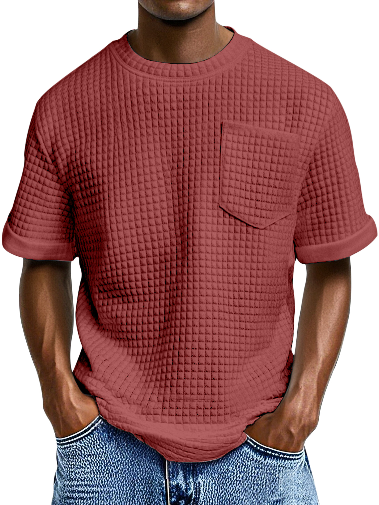 Men's Casual Loose Small Square Texture Pocket Round Neck Short-sleeved T-shirt