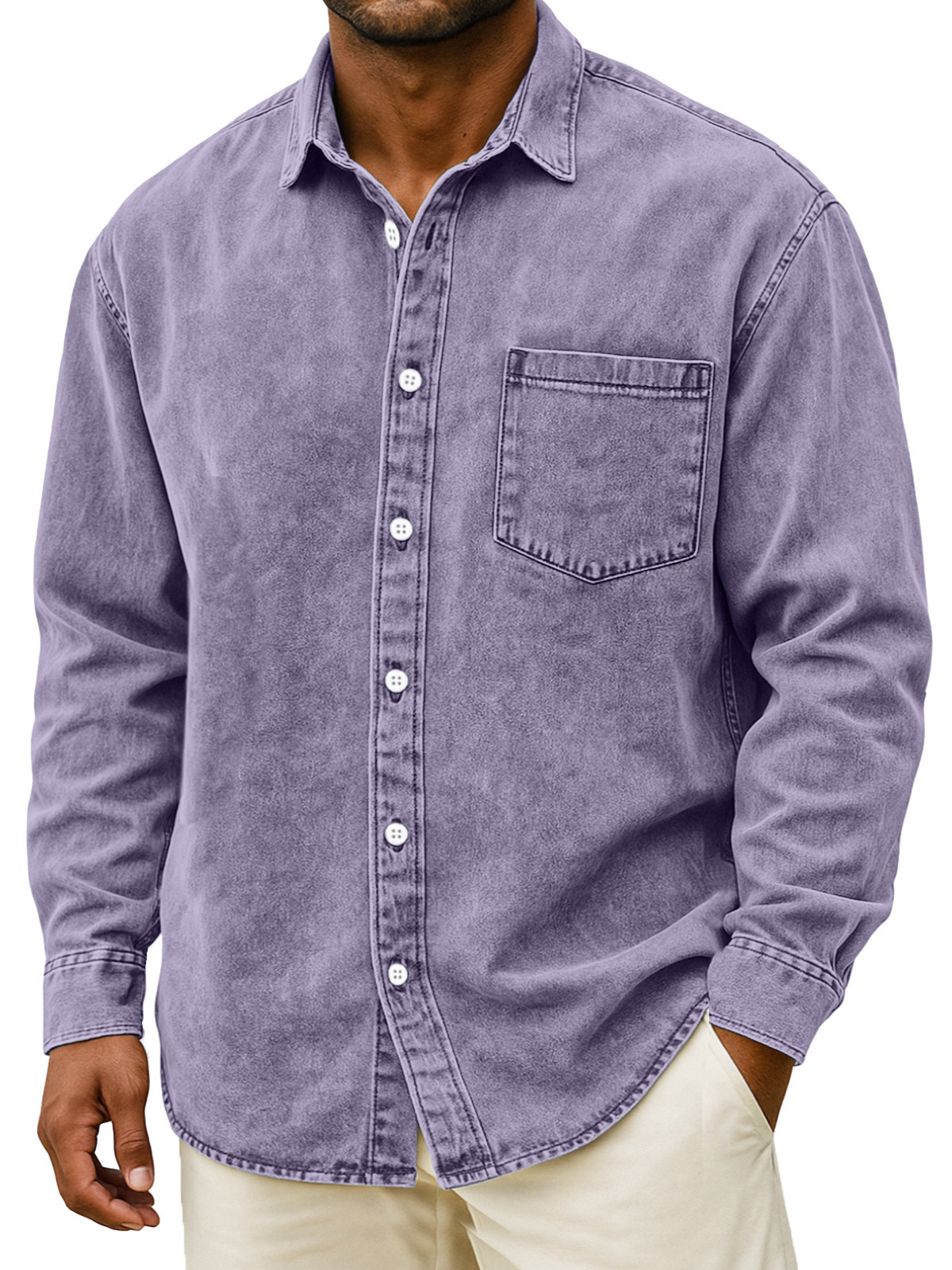 Men's Retro Solid Color Loose Long Sleeve Shirt