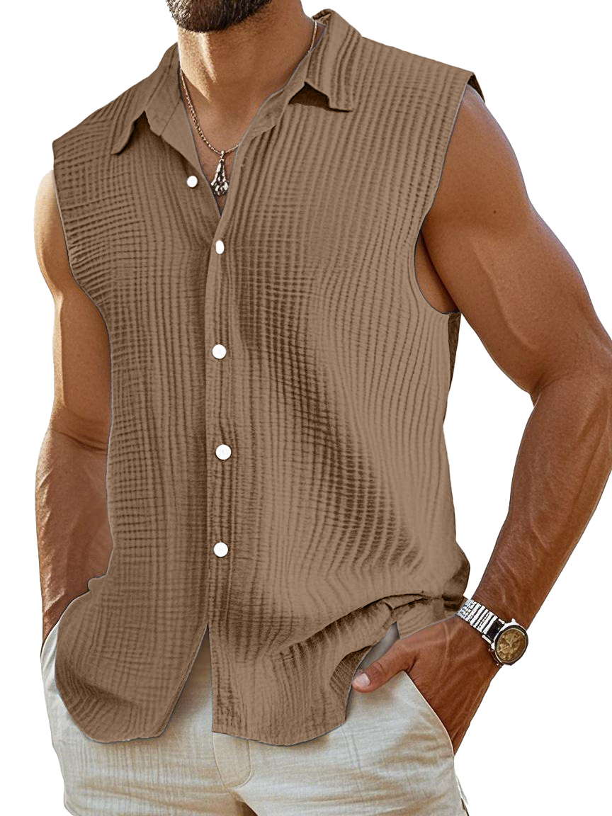 Men's Casual Pleated Texture Solid Color Sleeveless Shirt