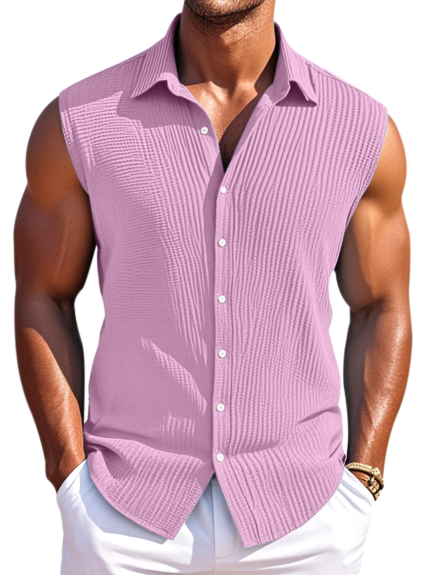 Men's Summer Simple Pleated Texture Daily Lapel Button Sleeveless Shirt