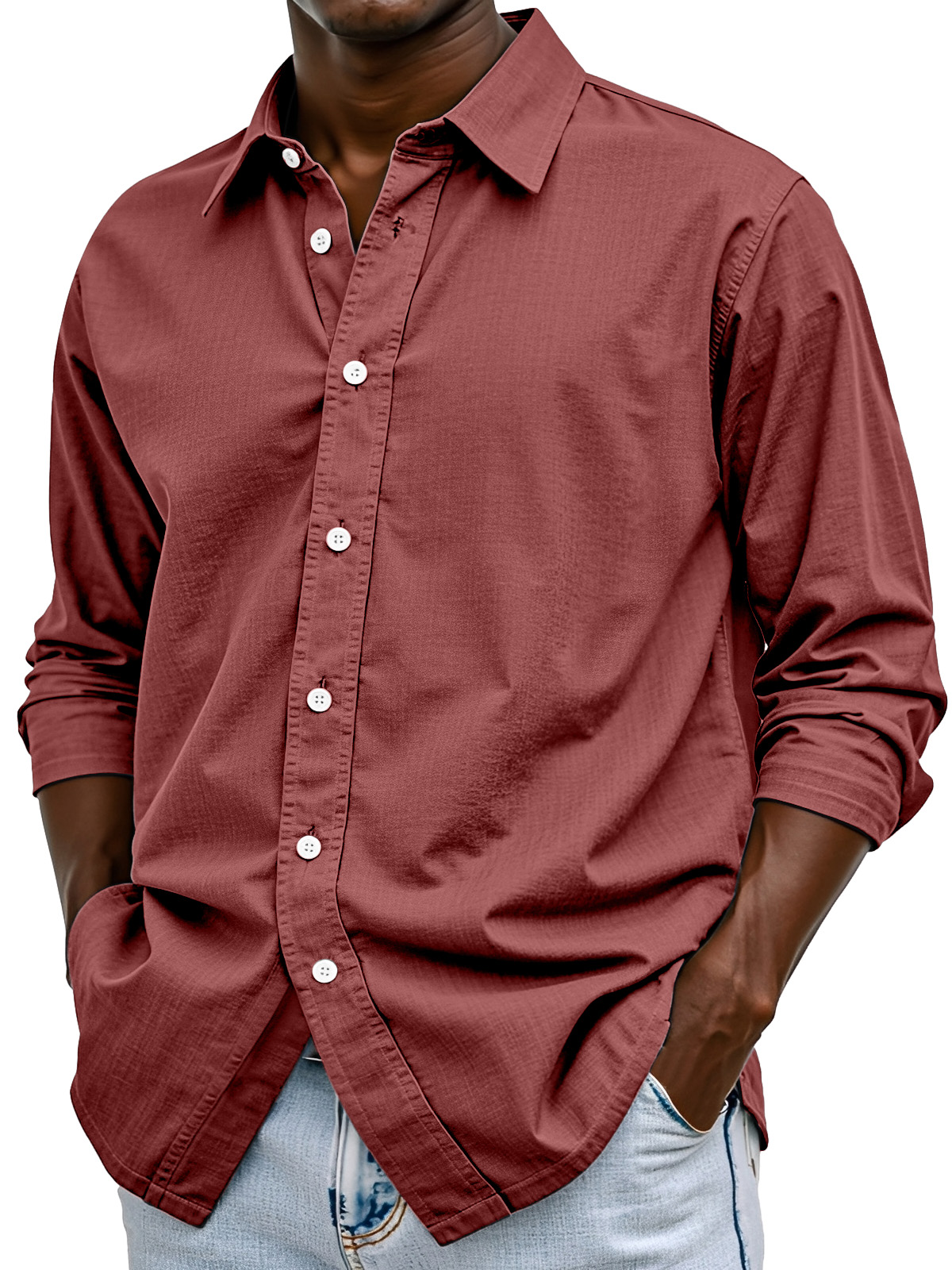 Men's Simple Casual Solid Color Comfortable Loose Lapel Long-sleeved Shirt
