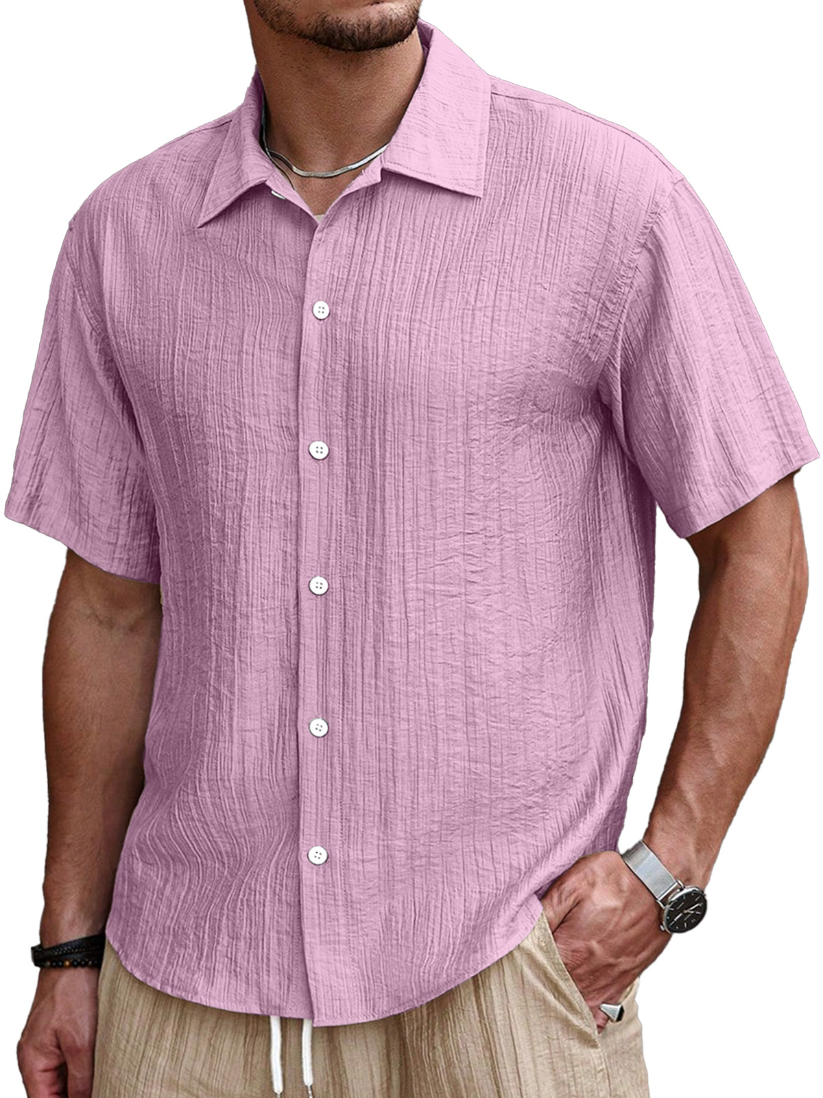 Men's Simple Casual Pleated Solid Color Short Sleeve Button Lapel Shirt