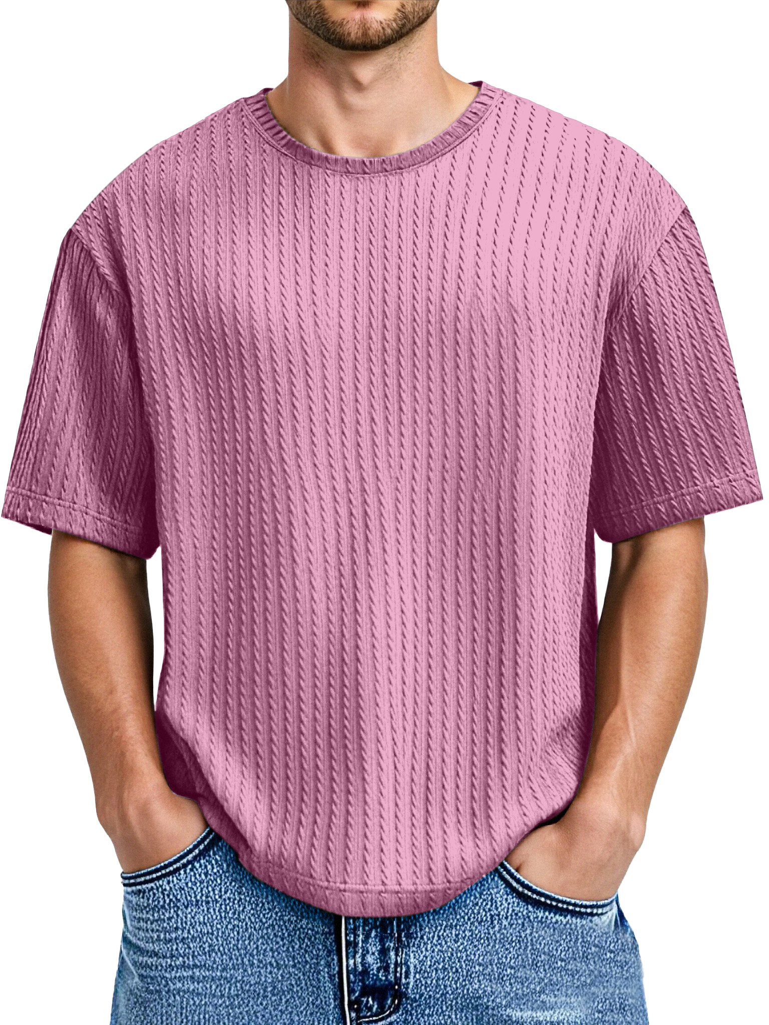 Men's Daily Solid Color Twist Texture Short-sleeved Round Neck T-shirt