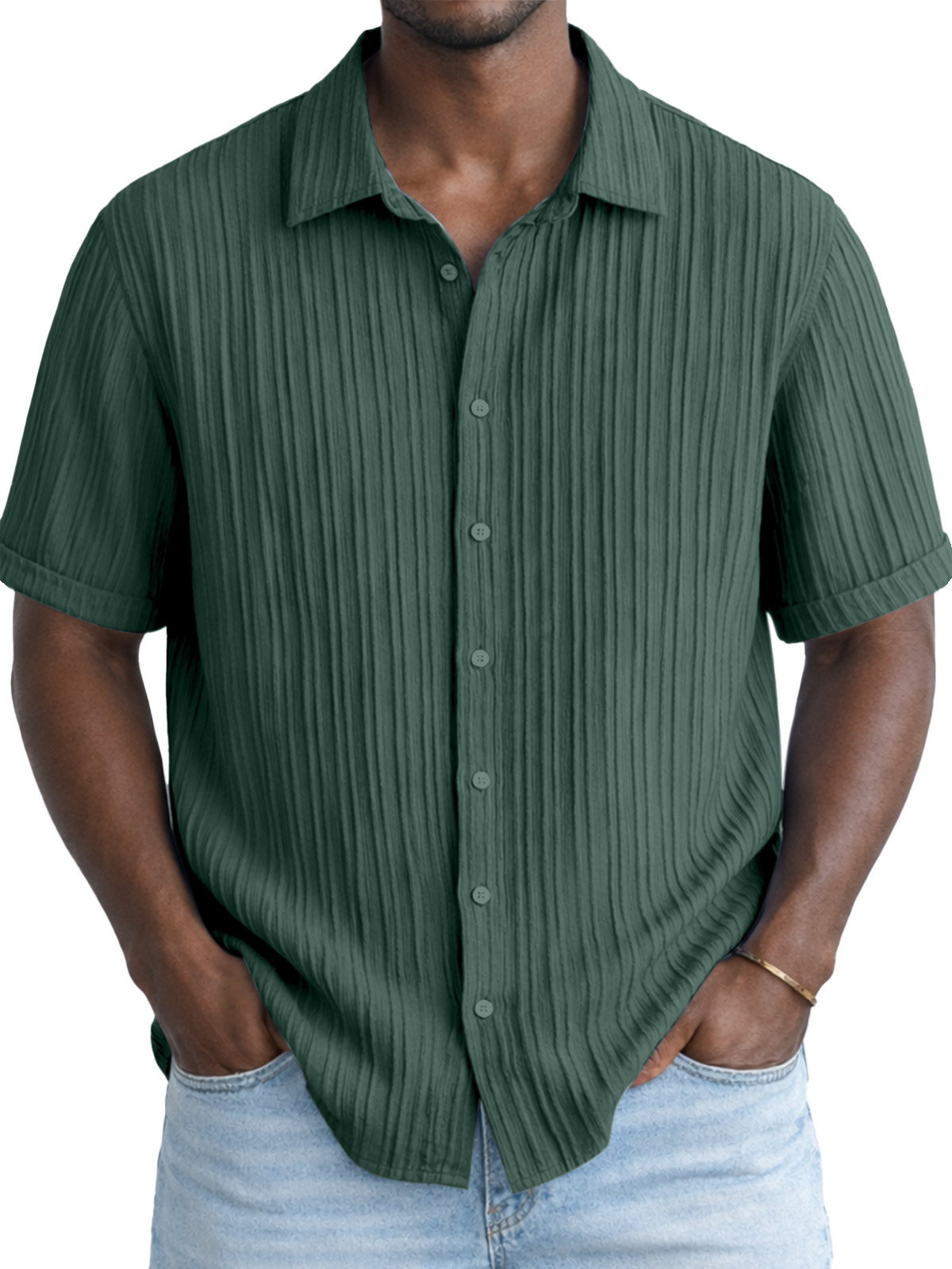 Men's Solid Color Breathable Vertical Stripe Simple Short-Sleeve Shirt