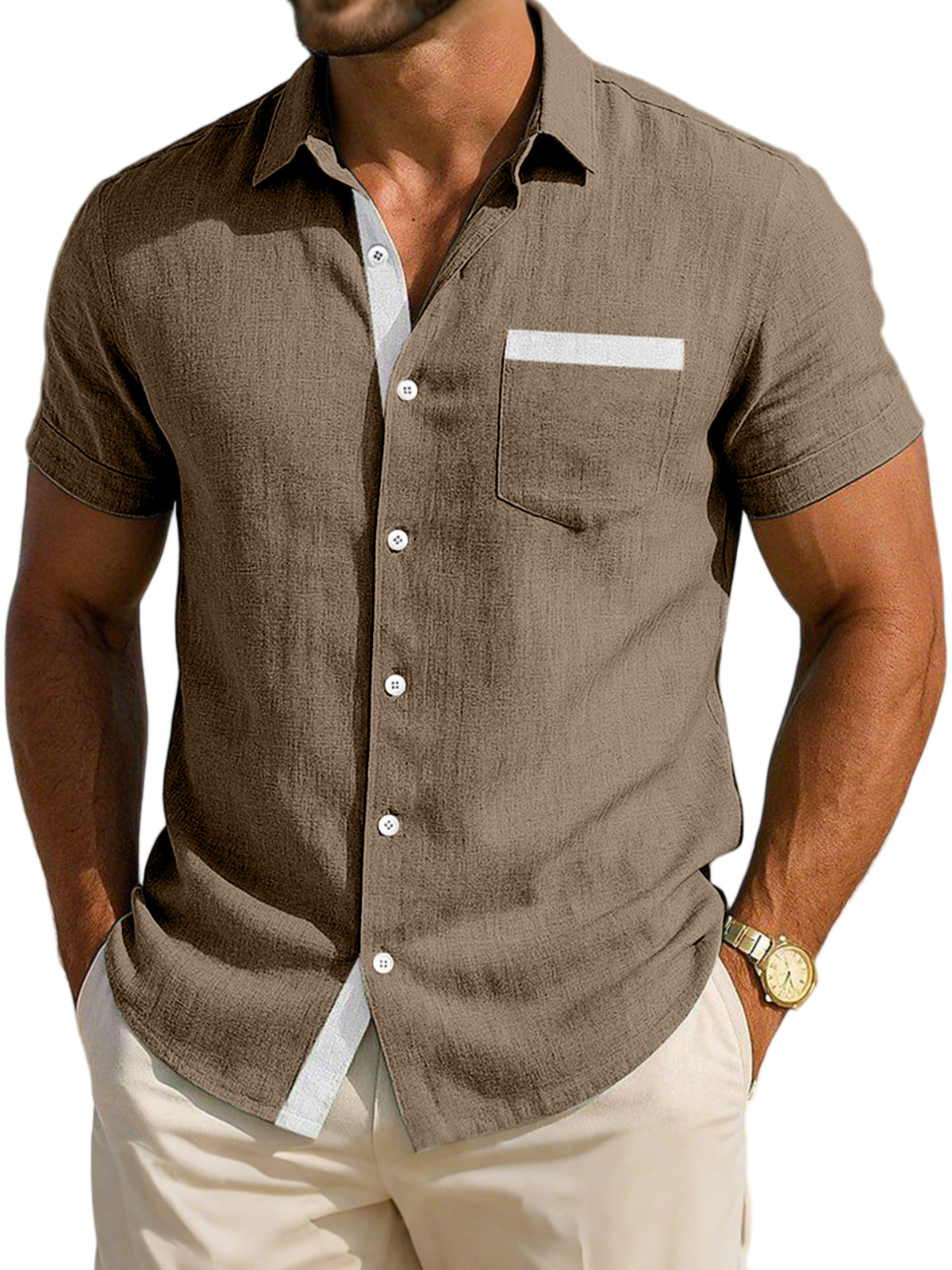 Men's Simple Daily Casual Breathable Contrast Button Short-sleeved Shirt