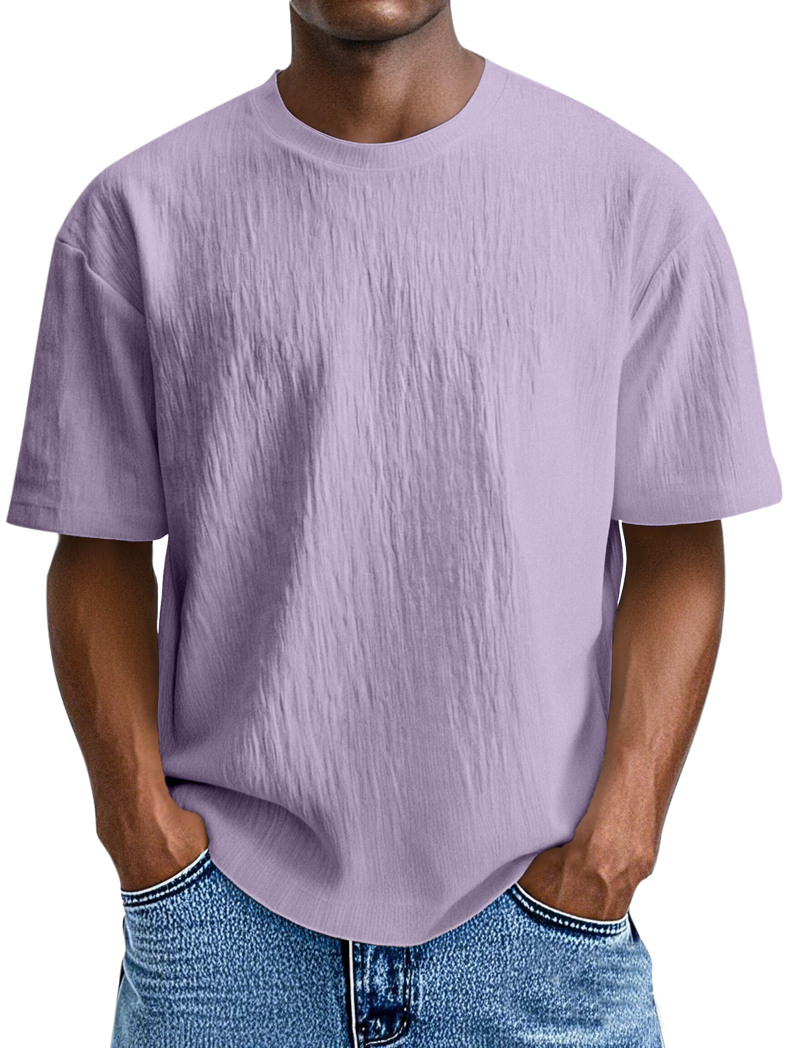Men's Simple, Comfortable And Loose Solid Color Pleated Round Neck Short-sleeved T-shirt