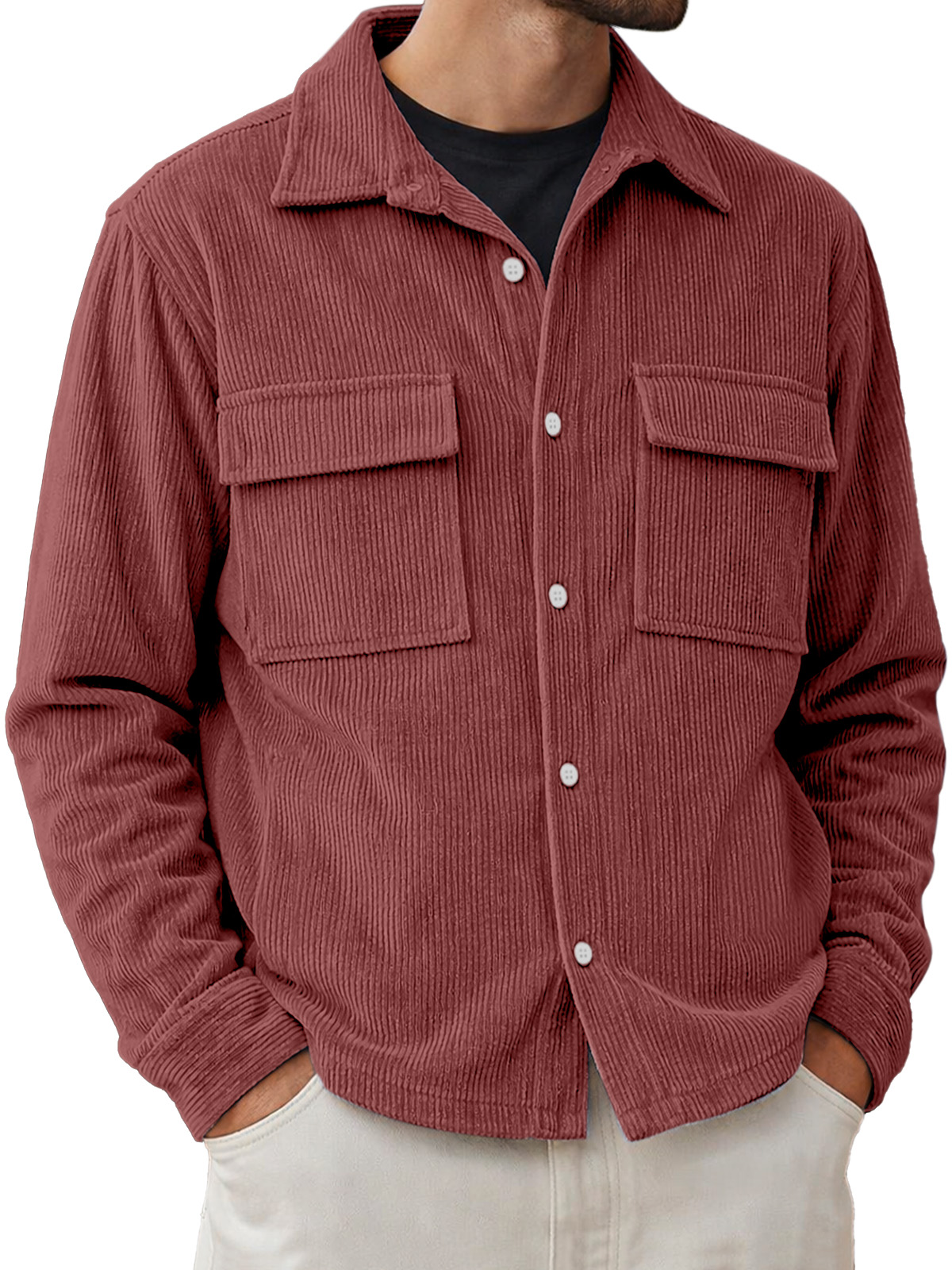 Men's Basic Double-pocket Corduroy Button-down Long-sleeved Shirt