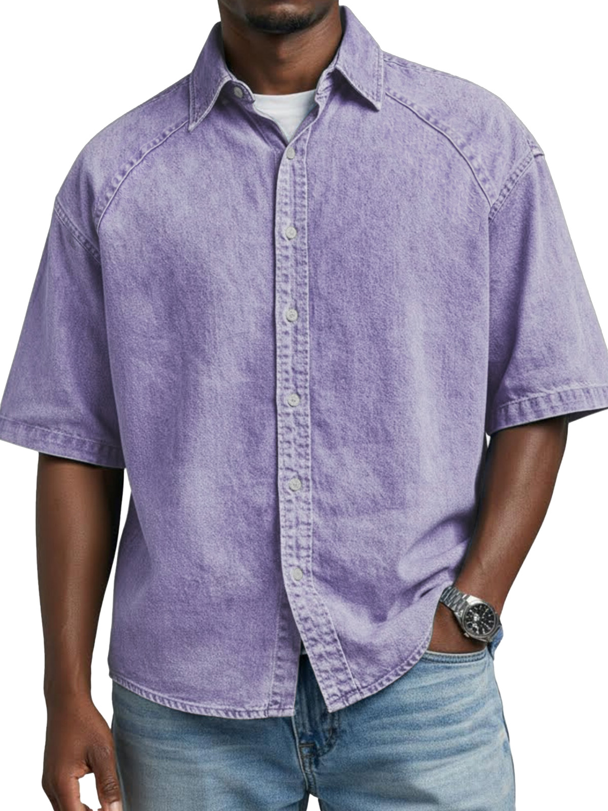 Men's Retro Solid Color Raglan Collared Short-Sleeve Shirt