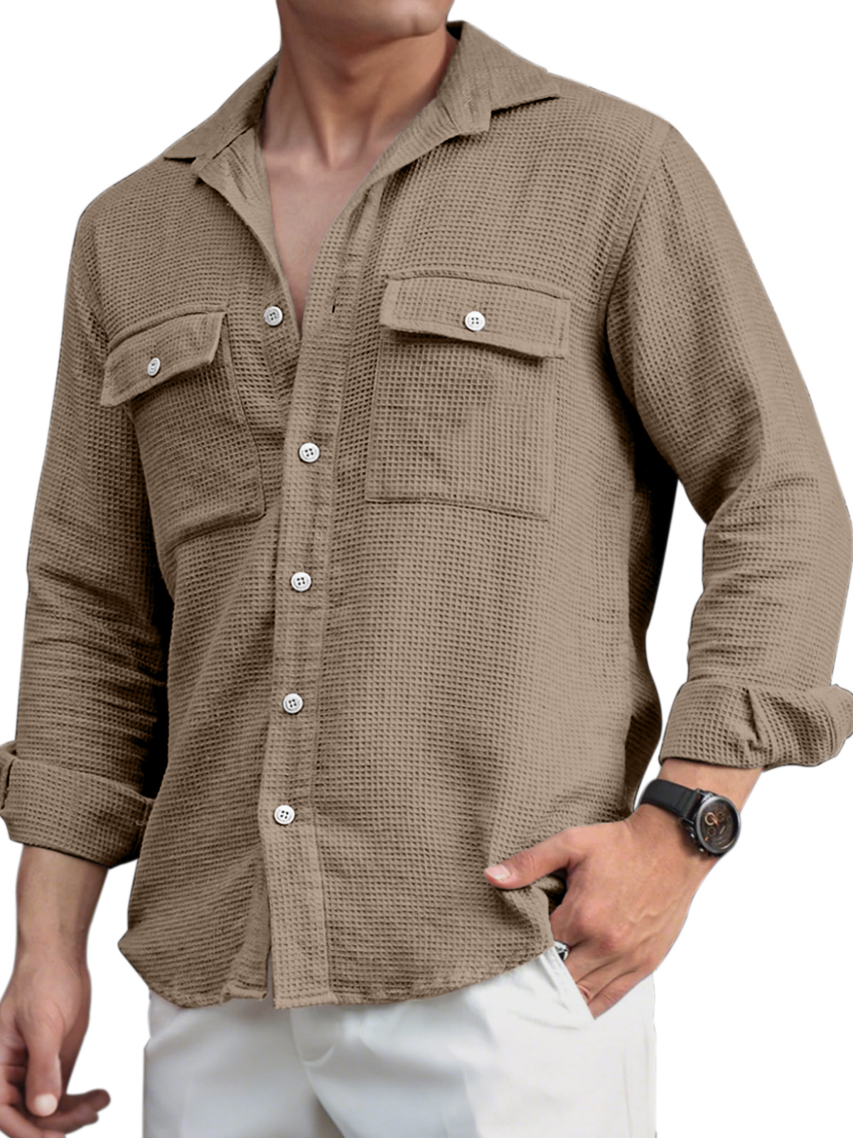Men's Everyday Casual Solid Color Double Pocket Waffle Lapel Long Sleeve Shirt