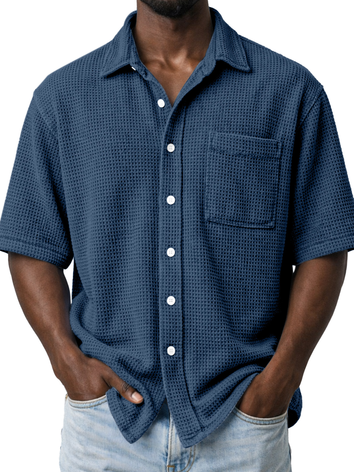 Men's Casual Solid Color Waffle Knit Short-sleeved Shirt With Pockets