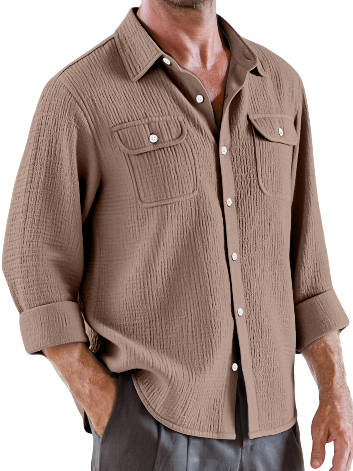 Men's Casual Solid Color Pleated Texture Double Pocket Long Sleeve Shirt