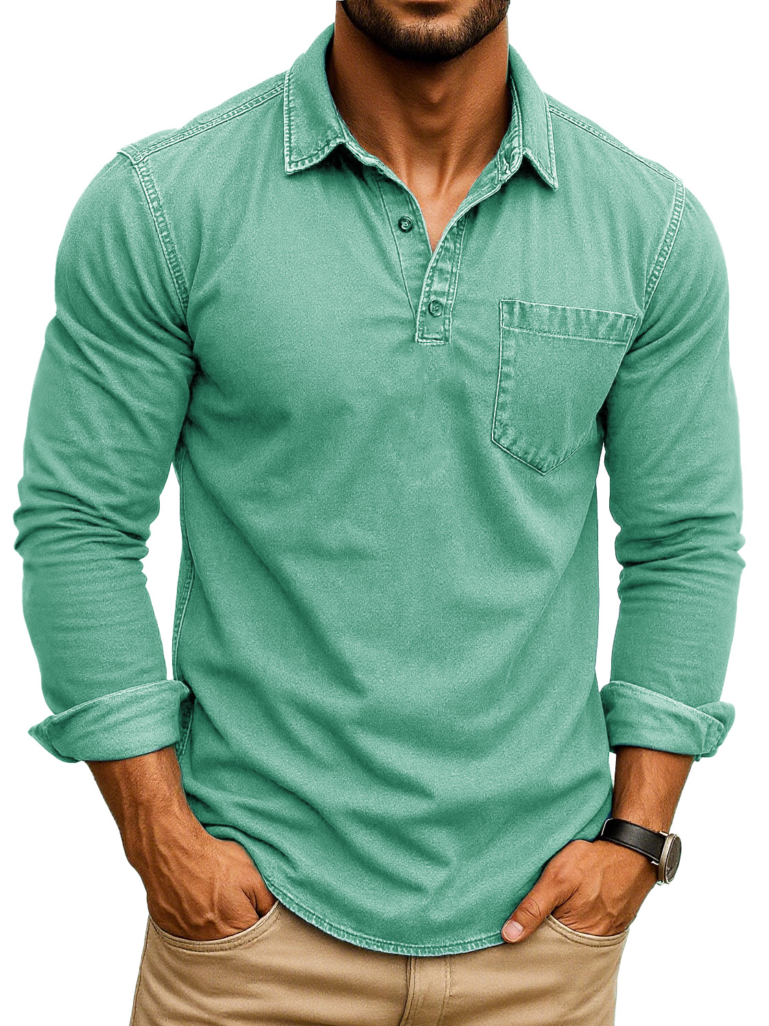 Men's Retro Fashion Distressed Lapel Pocket Long Sleeve Polo Shirt