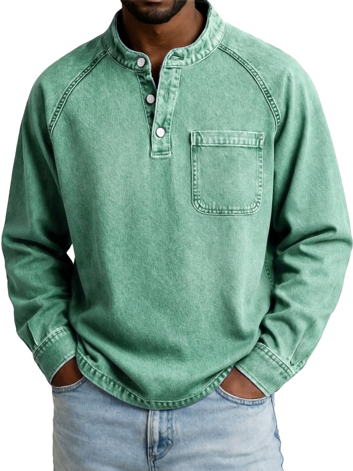 Men's Vintage Casual Raglan Sleeve Pocket Long-sleeved Henley Shirt