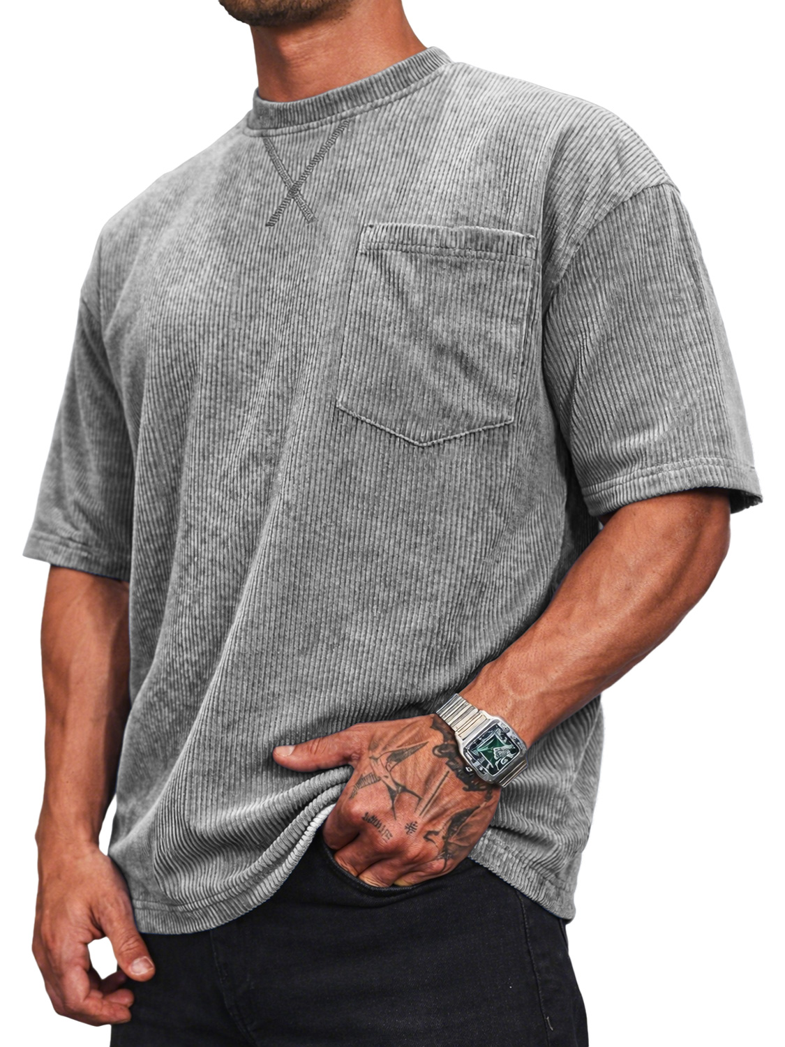 Men's Corduroy Crew Neck Short-sleeved T-shirt With A Crossover Design