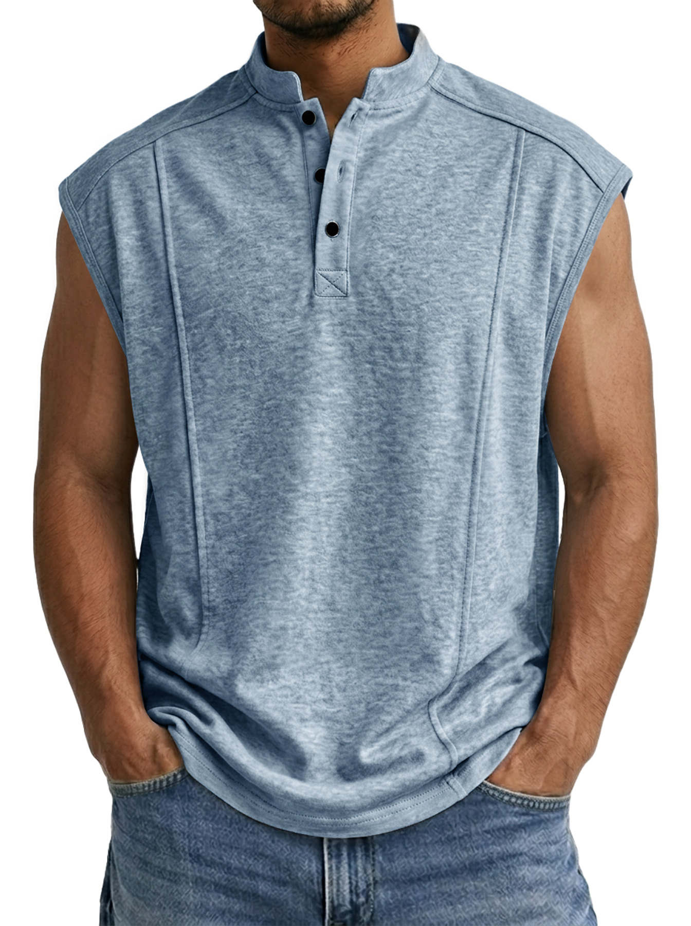 Men's Casual Stand Collar Button Deconstructed Design Solid Color Sleeveless Vest