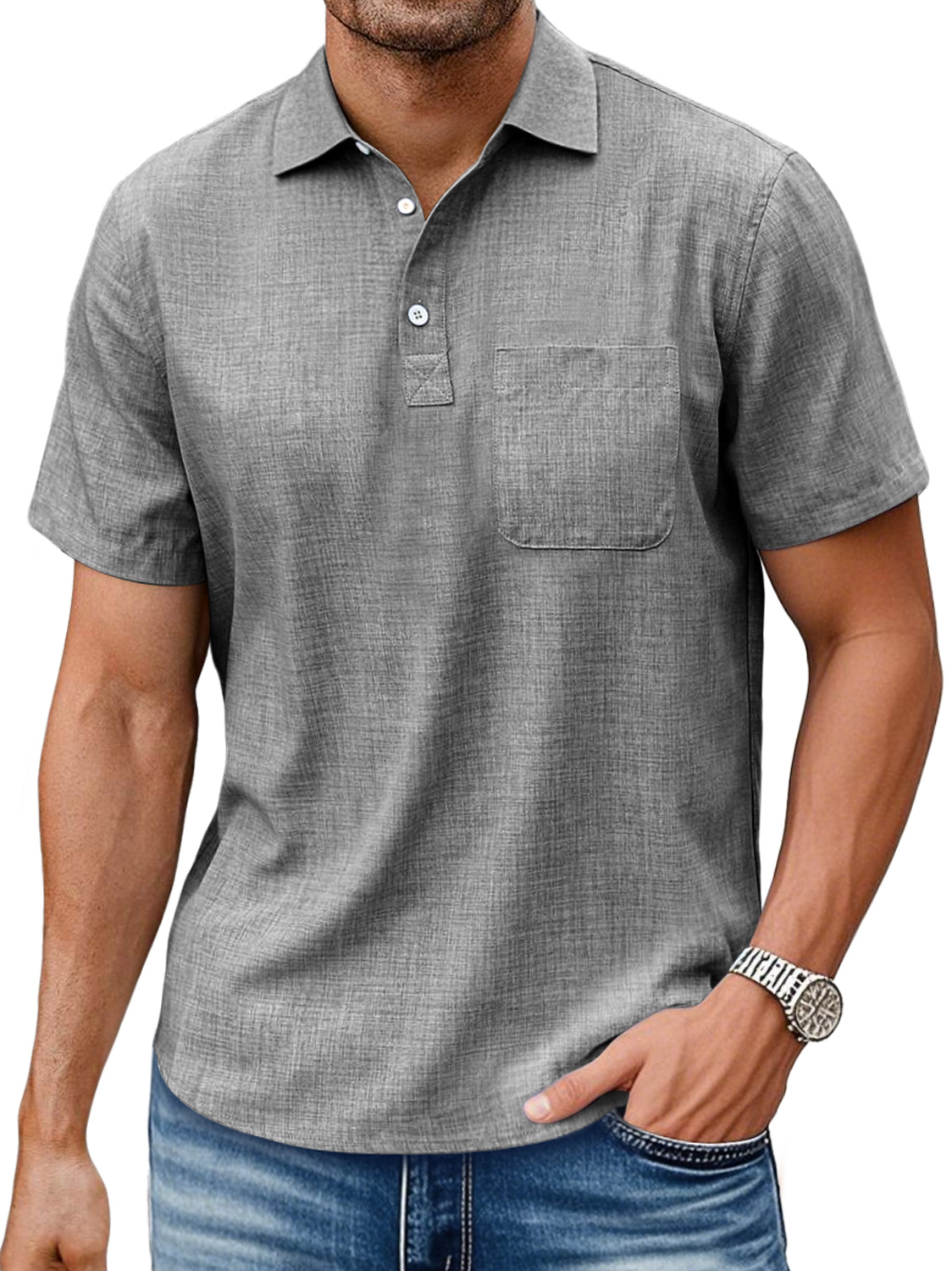 Men's Daily Lapel Pocket Casual Comfortable Solid Color Short-sleeved Polo Shirt