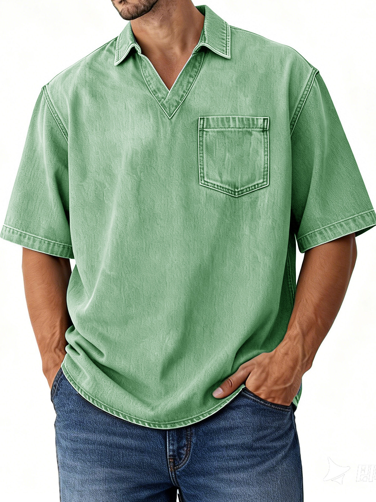 Men's Retro Distressed V-Neck Pocket Short-Sleeve Polo Shirt