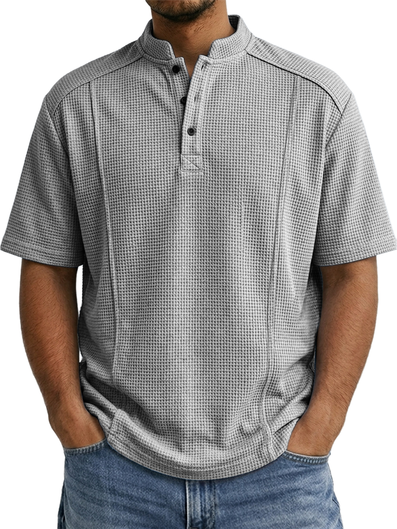 Men's Waffle-knit Deconstructed Stand-up Collar Button-down Casual Short-sleeved Henley Shirt