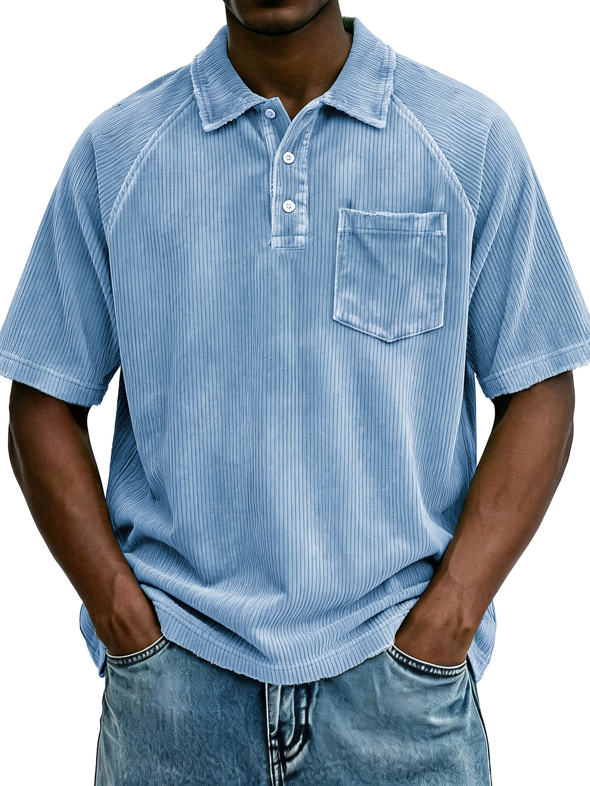 Men's Retro Raglan Pocket Zipper Loose Short-Sleeve Polo Shirt