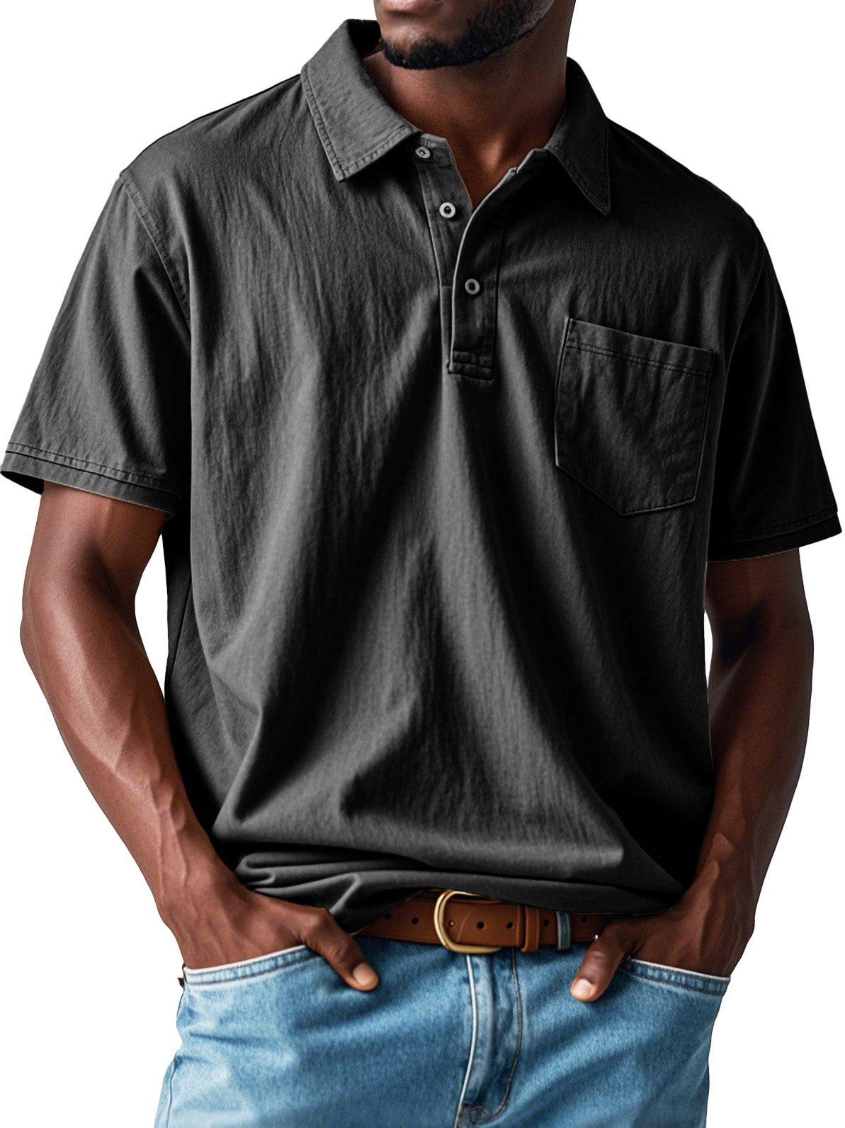 Men's Retro Distressed Pocket Short Sleeve Lapel Polo Shirt