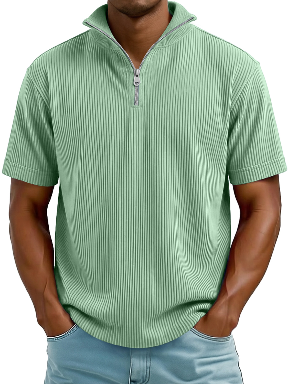 Men's Everyday Ribbed Stand-collar Zip-up Casual Short-sleeved T-shirt