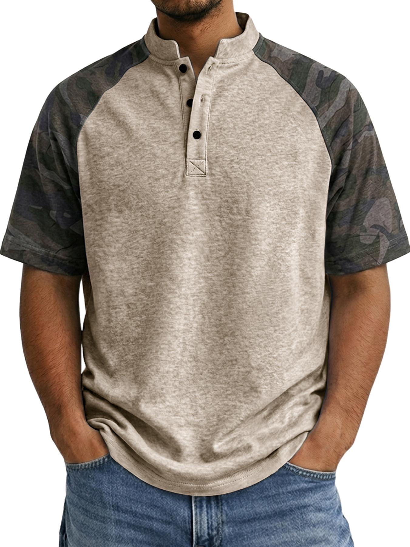 Men's Raglan Camo Casual Stand Collar Short Sleeve Henley Shirt