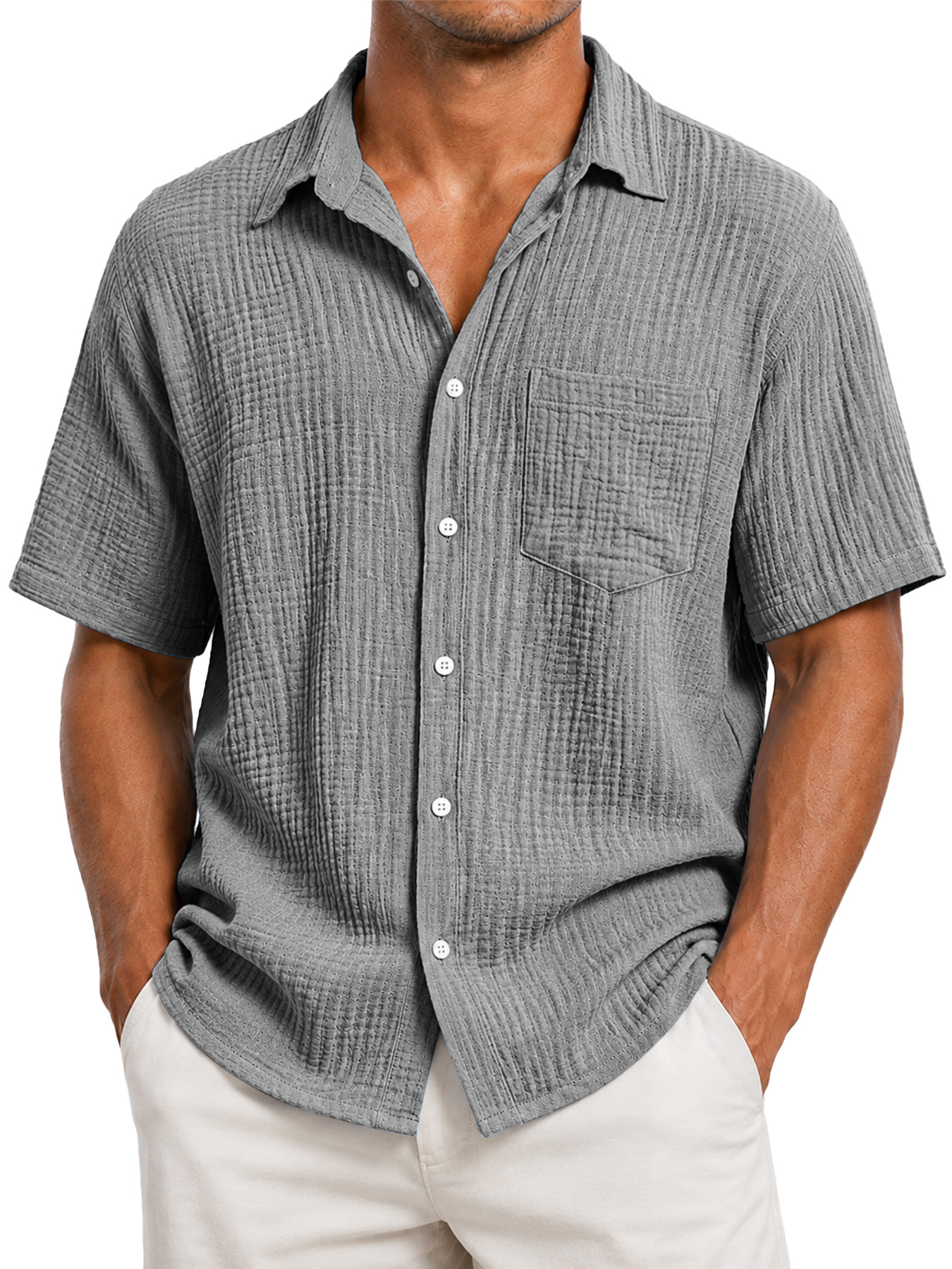 Men's Casual Solid-Color Short-Sleeve Shirt with Textured Pleats and Pocket